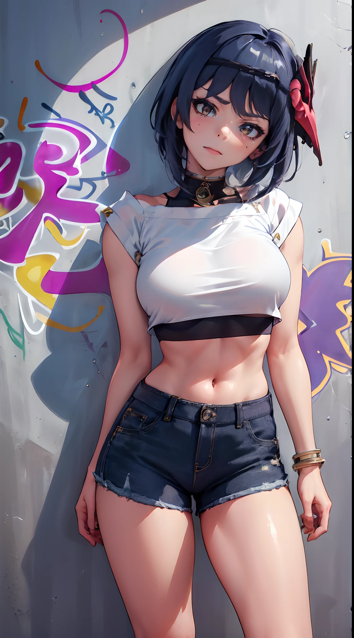 Kujou Sara Genshin Effect, masterpiece, bestquality, 1girls, mediuml breasts, long-haired ,Ponytail, bara, crop top, shorts jeans, choker, (Graffiti:1.5), Splash with purple lightning pattern., arm behind back, against wall, Look at the audience from behind., bracelet, Thigh strap, Head tilt, bored, Ponytail, water eyes,