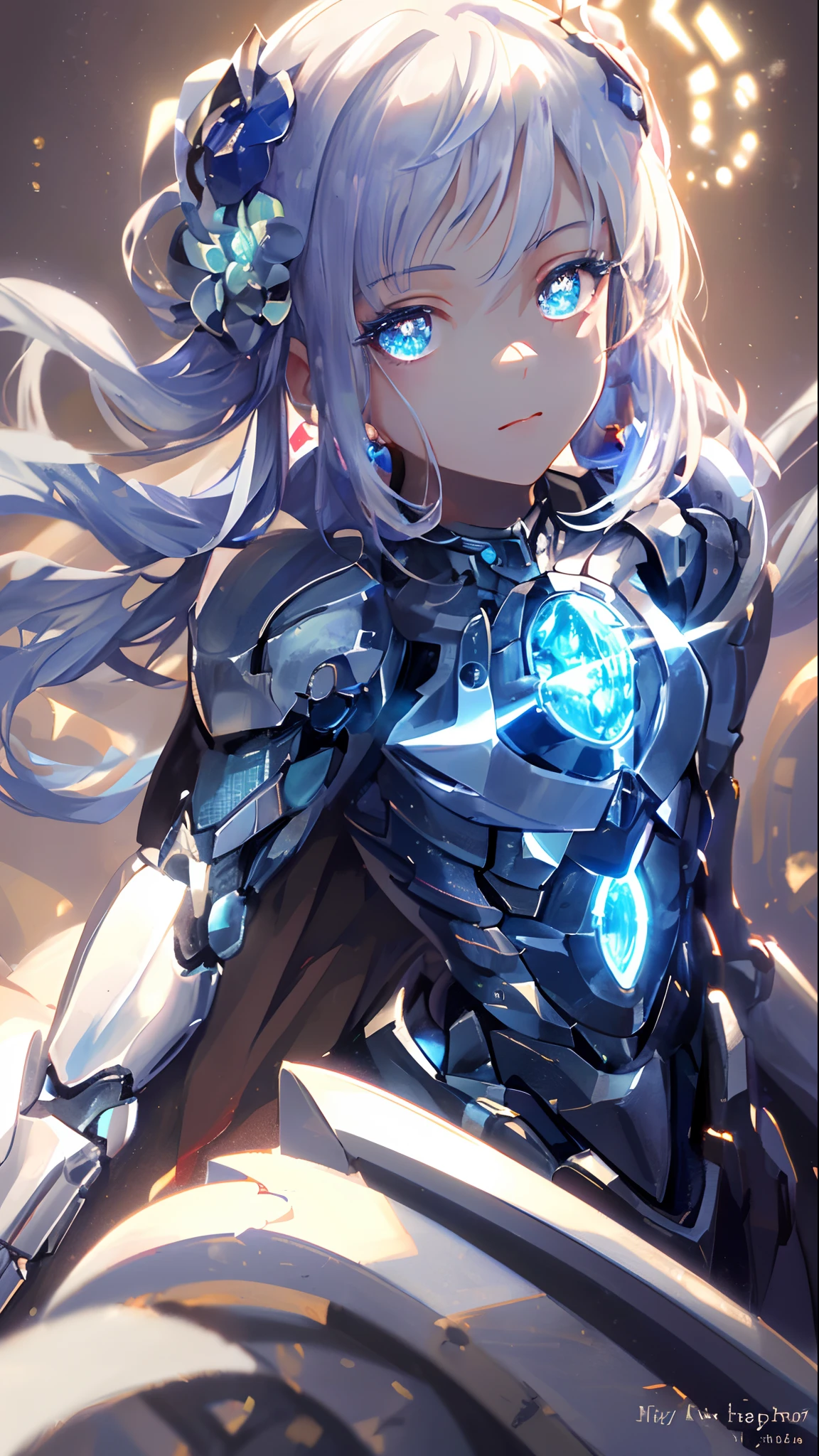 masterpiece, best quality, illustration, sax blue, platinum earrings, platinum necklace, Red maid outfit，Mechanical body，Robotic arm，Mechanical masks, 1girl, cute, (dynamic lighting:1.2), cinematic lighting, delicate facial features, detailed eyes, sharp pupils, realistic pupils, depth of field, bokeh, sharp focus, (hyper-detailed, bloom, glow:1.4), many small gems