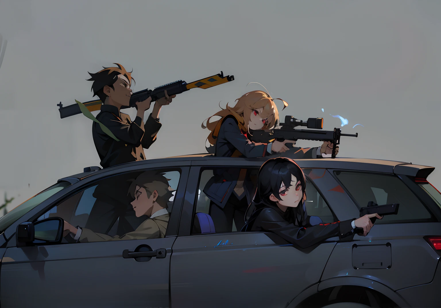 krenz，Anime characters sitting in cars，There are guns on it, Guviz-style artwork, Badass anime 8 K, Guviz, author：New Art, author：yanjun cheng, anime machine gun fire, Guweiz in Pixiv ArtStation, Guweiz on ArtStation Pixiv, modern anime style, author：Yoshihiko Wada，Car model optimization，photorealestic，The body has bullet holes and marks of collisions，Optimize weaponry