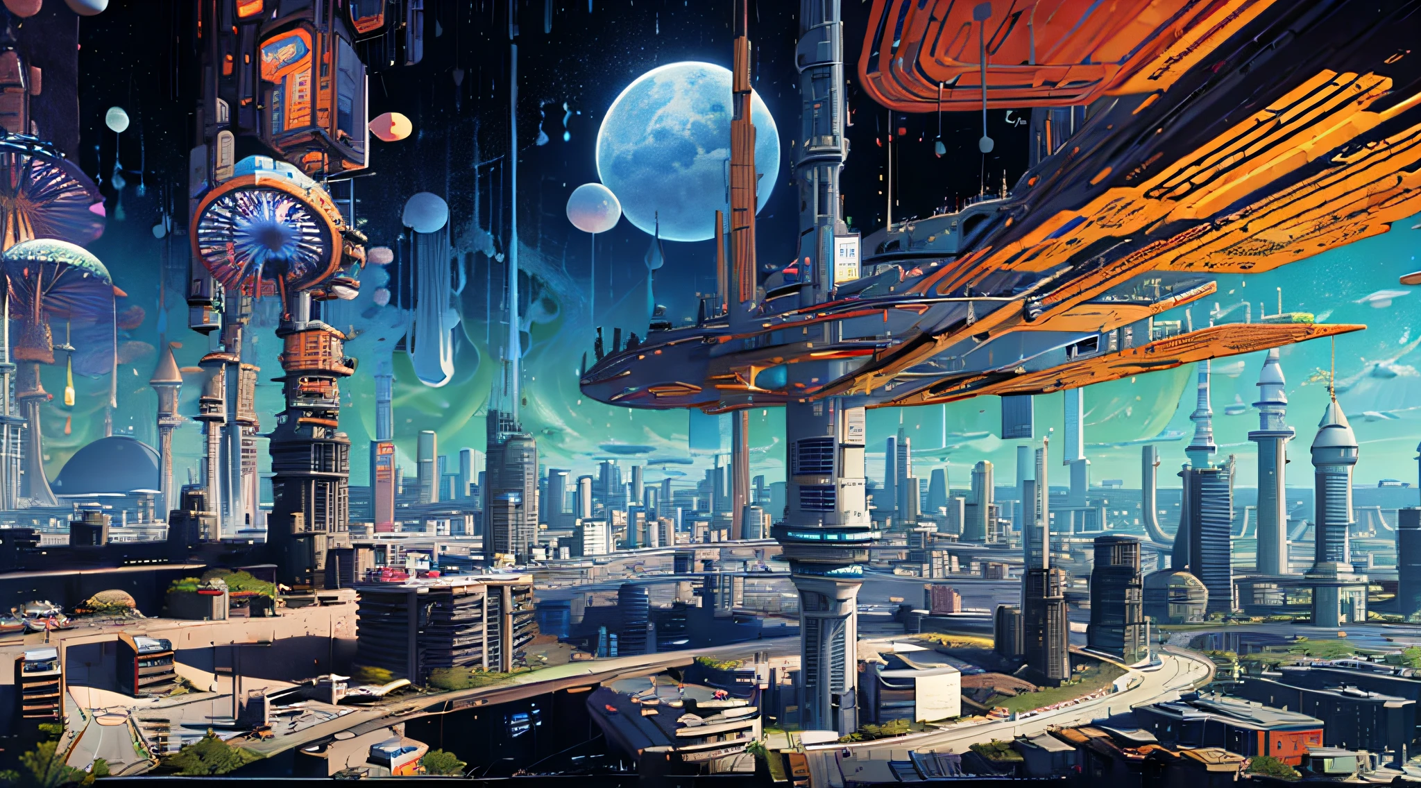 PANORAMIC scenery, drone view, ELITE PROFESSIONAL ARCHITECTURAL RENDERING, PROJECT PRESENTATION, TRENDY CYBER HIGH-RISE BUILDING, 120-STOREY SUPER-STRUCTURE, CYBER DESIGN, ZAHA HADID SYTLE , LOCATE AT CENTER OF TOKYO, TOKYO SKYTREE TOWER AT BACKGROUND, well WEATHER, SUNNY DAY, sky, clouds, space ships, fighter jets