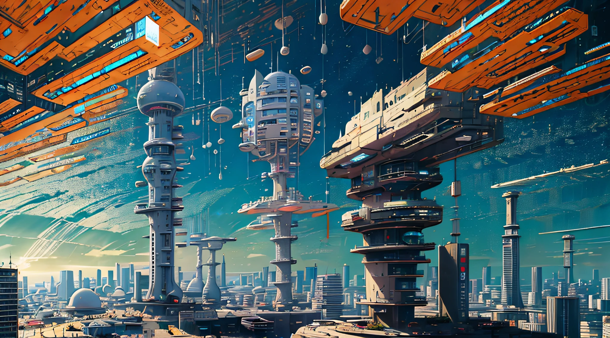 PANORAMIC scenery, drone view, ELITE PROFESSIONAL ARCHITECTURAL RENDERING, PROJECT PRESENTATION, TRENDY CYBER HIGH-RISE BUILDING, 120-STOREY SUPER-STRUCTURE, CYBER DESIGN, ZAHA HADID SYTLE , LOCATE AT CENTER OF TOKYO, TOKYO SKYTREE TOWER AT BACKGROUND, well WEATHER, SUNNY DAY, sky, clouds, space ships, fighter jets