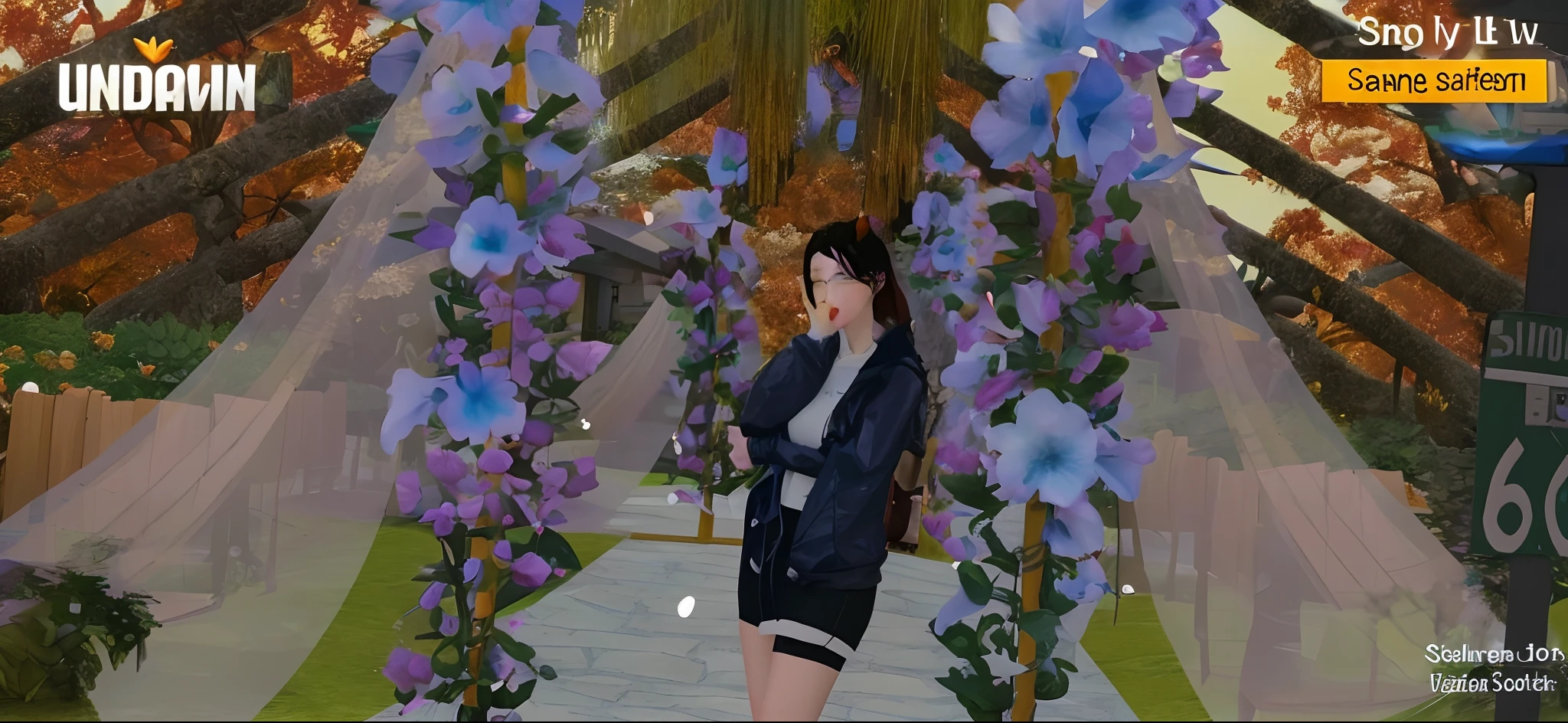 there is a woman standing in a garden with flowers, wearing a hoodie and flowers, second life avatar, standing in a flower field, inspired by Sim Sa-jeong, standing in flower field, there's flowers everywhere, standing in a botanical garden, seasons!! : 🌸 ☀ 🍂 ❄, in a cyberpunk garden, secondlife, with flowers, an aesthetic!