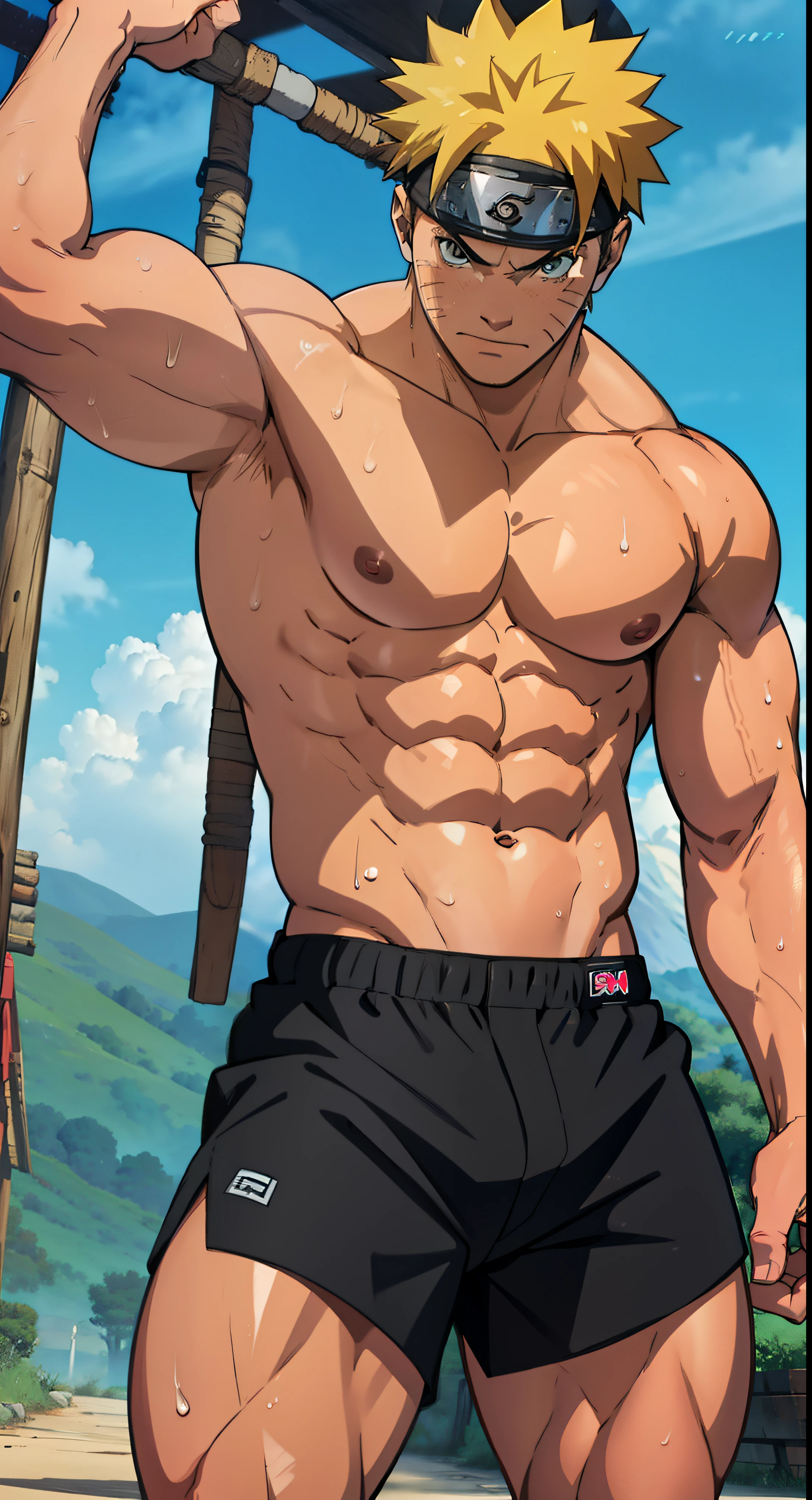 [highest quality photo][ 4k,HD photo quality] huge muscular thigh muscles,he wore tight short shorts that revealed his strong thigh muscles Uzumaki Naruto, lots of sweat flowing down, topless, shirtless, sunny, shiny skin, bodybuilder,  8-pack abs, giant, muscular chest muscles, giant muscular, sinewy biceps, cute  (close-up) two arms behind the back