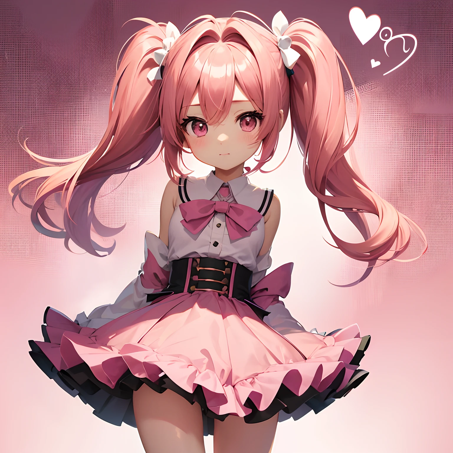 Very cute and (Beautiful Chibi Anime Girl), Solo, Simple background, Beautiful twin tails*Pink* hair,  Beautiful detailed *Pink* High School Uniform, Full body, Standing, high detailed face and *Pink* Eyes, Clearly outlined