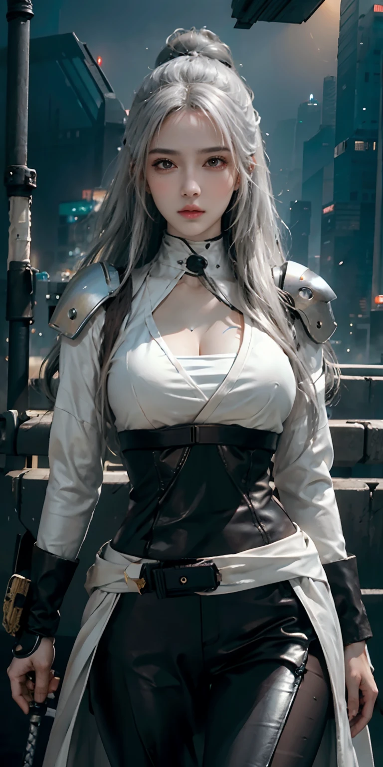 photorealistic, high resolution, soft light,1women, solo, hips up, (detailed face), white long hair, cybersamurai, cyborg, cyberpunk, cyber armor, holding weapon,glowing,katana, city at night