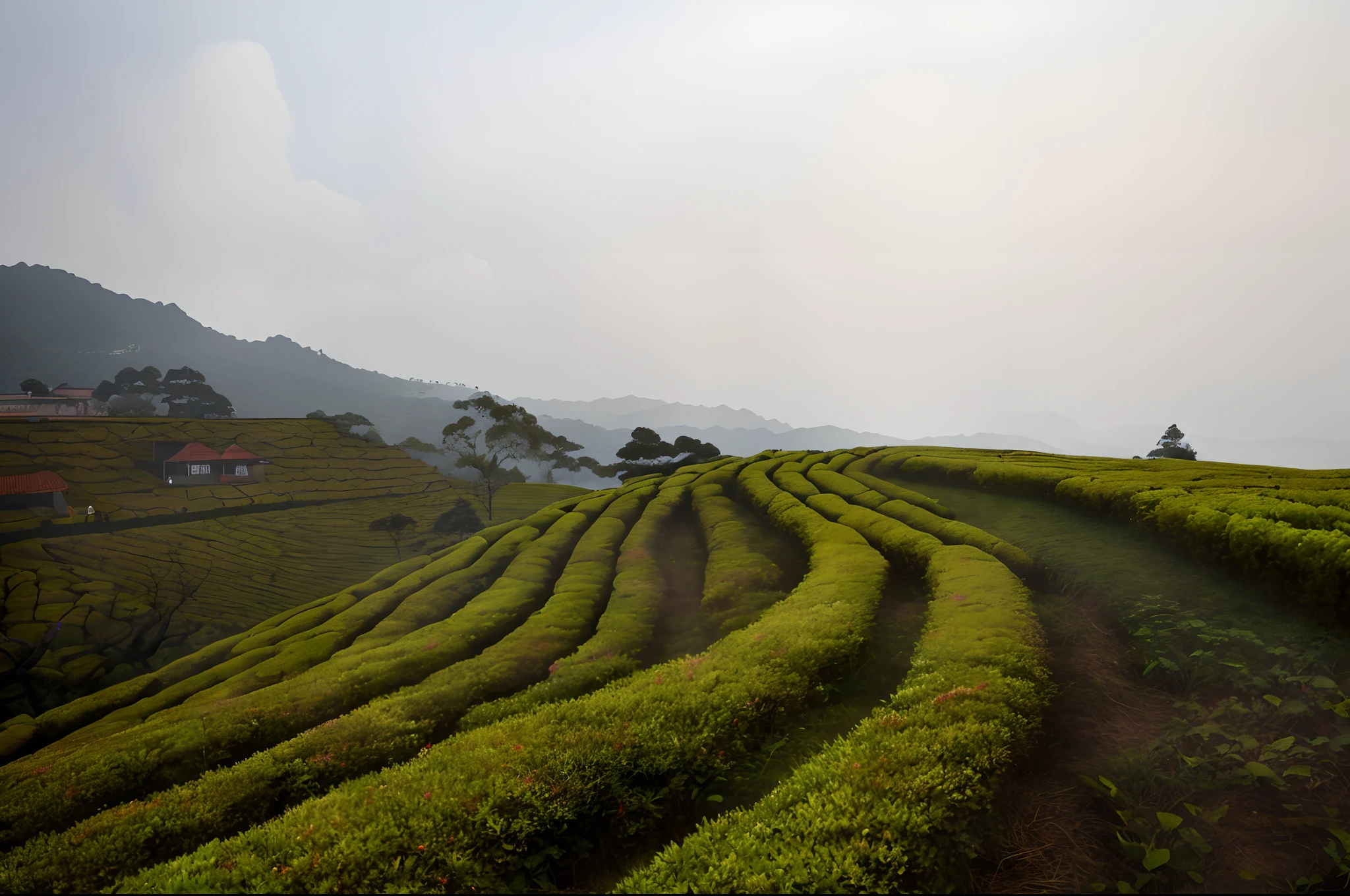 Sunlight shines，The prospect increases tea trees and tea leaves