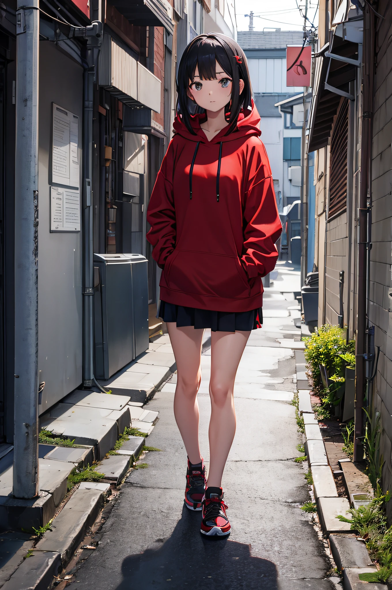 Back alley、Girl in a hood、Wearing a red hoodie、Shoes are black