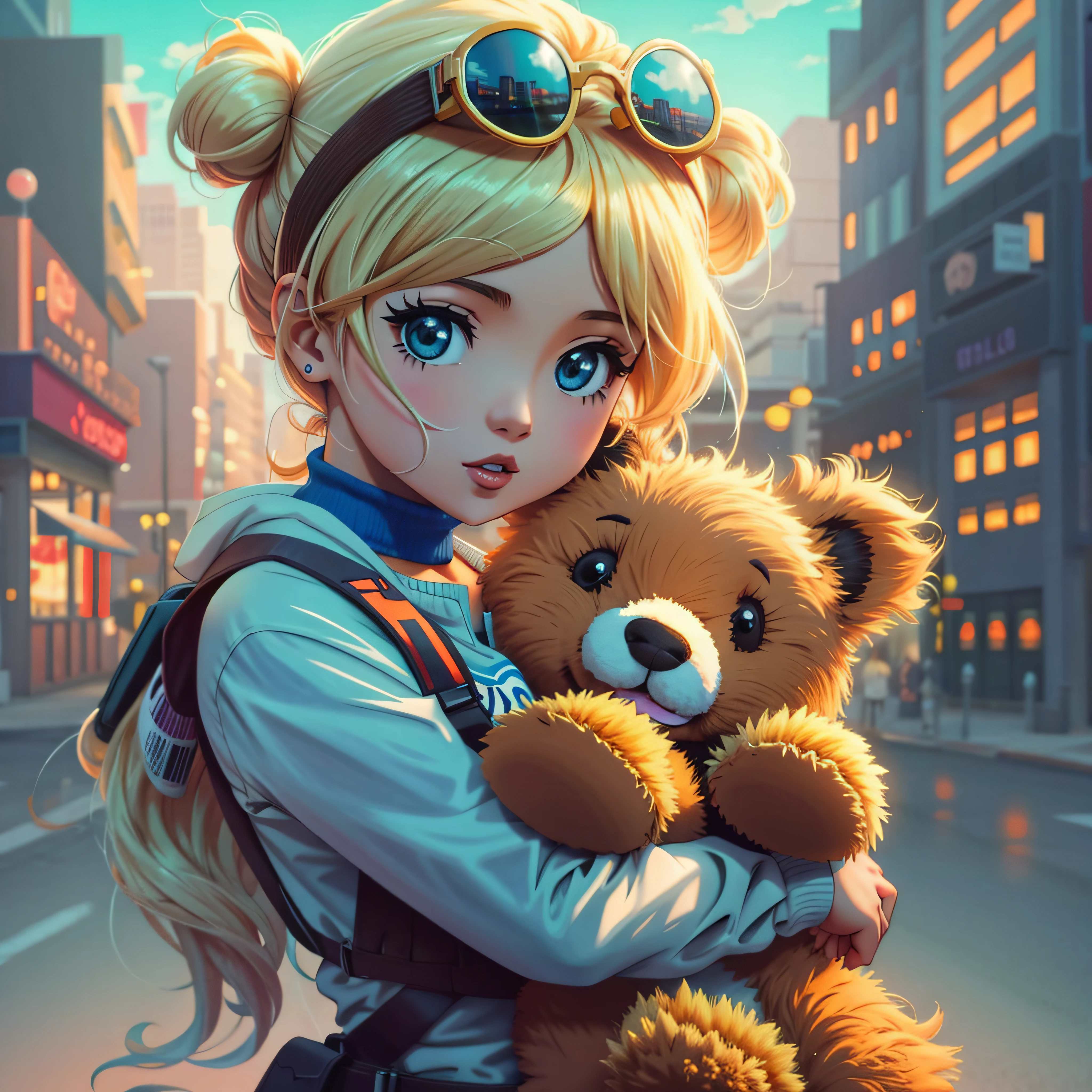 Chica de anime con cabello rubio sosteniendo un oso de peluche en una ciudad