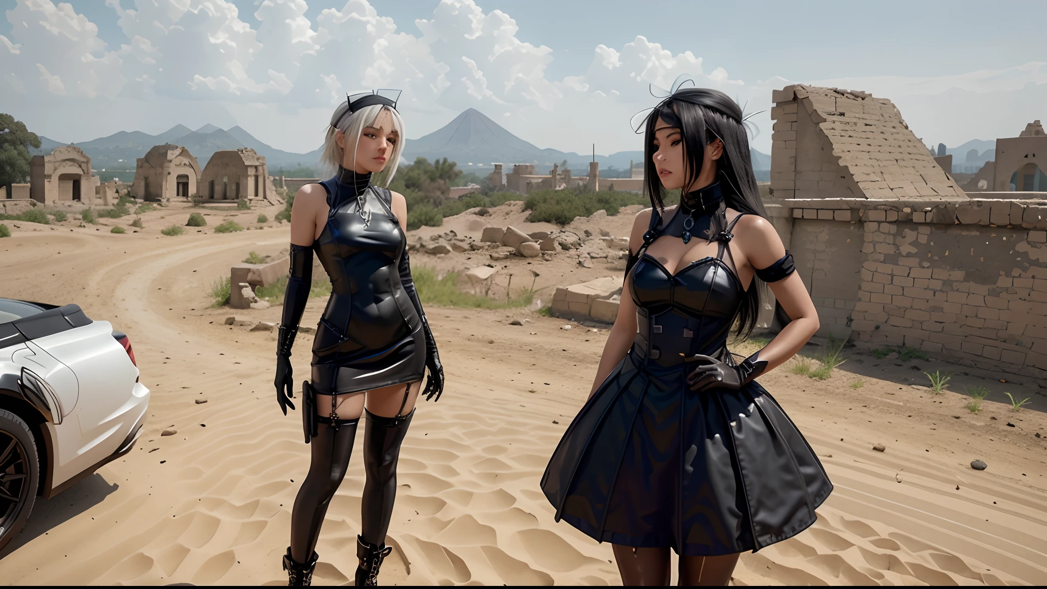 Uma mulher loira em vestido preto curto, vestido justo de latex com decote amplo, seio nus, seios grandes, black knee-length socks and black gloves walking through the ruins, negar : automata inspired, negar:automata inspired, rim inspirado, 2 b de negar automata, 2b of denying automata, 2b Deny automata, em uma paisagem urbana arruinada, Nier 2 B, android girl in egyptian ruins, standing in ruins, em frente a uma cidade arruinada, in ruins