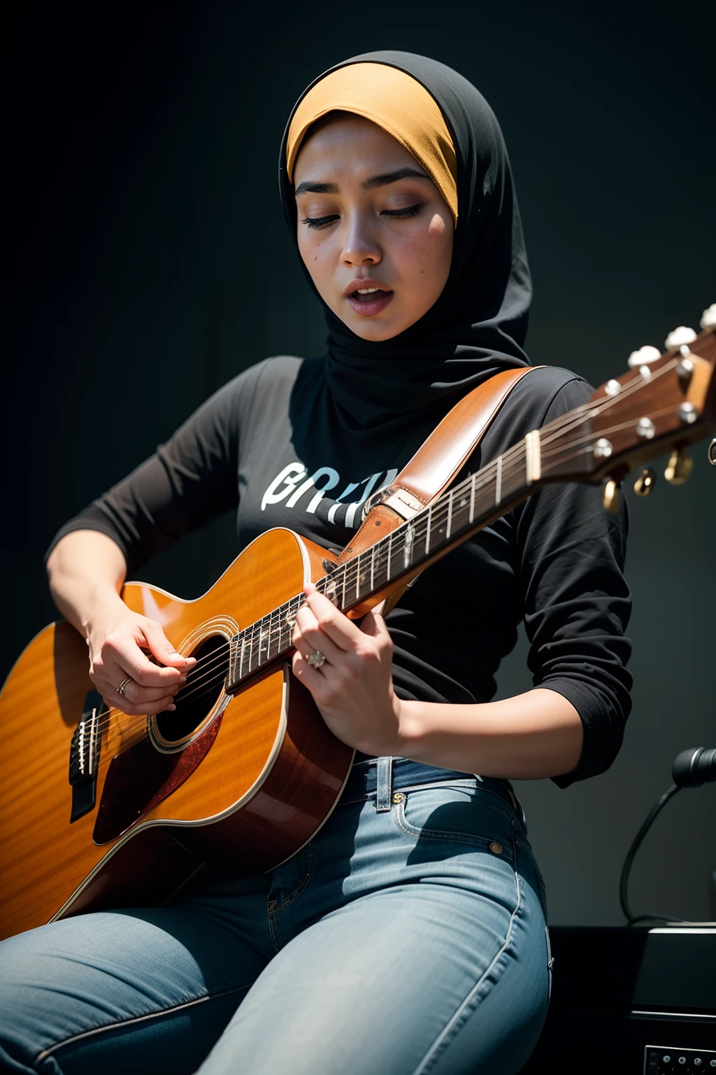 Craft an atmospheric portrait that captures the Malay girl in hijab in a moment of musical ecstasy playing guitar, surrounded by the gritty elegance of a classic motorbike, embodying the spirit of rock 'n' roll