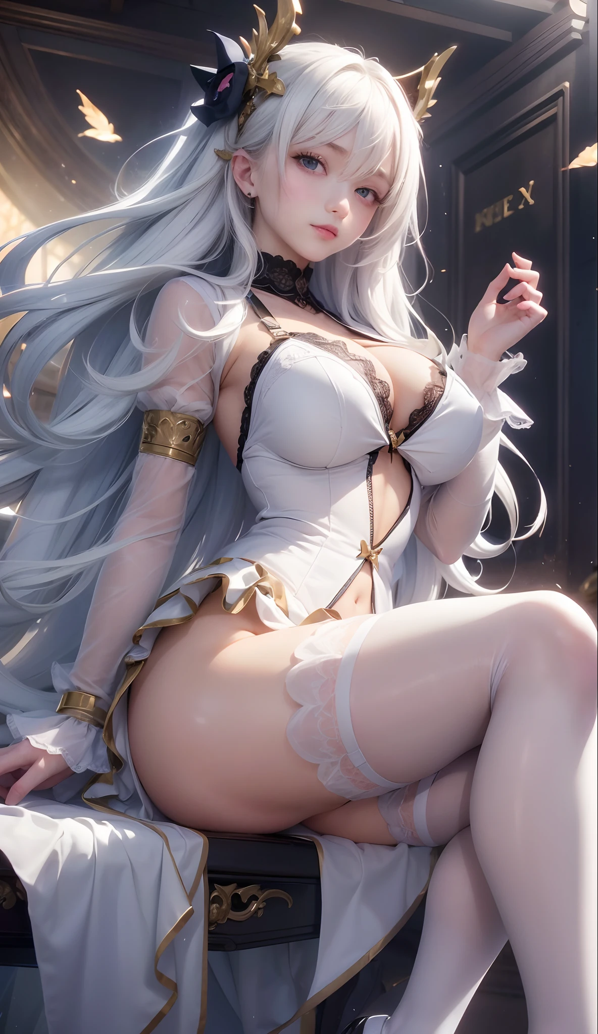 top-quality,ultra-detailliert,​masterpiece,realisitic,Photo Real,Bright lighting,1 girl in, an extremely beautiful 17-year-old girl, (kawaii:1.2),Thin smile, (innocent blue eyes),(white haired),(bangss),perfect glossy skin,flawless skin,((erotick,Sexy and sexually explicit)),((accurate hands without incongruity)), large full breasts,big breasts thin waist, Look at viewers,((a sailor suit)),)),(red necktie),(Blue Mini,(lifted by self),(Showing panties),panties on,panties focus,((Sit up,spread legswide)), sockes, (Black knee socks),(Loafer shoes), during daytime,On the train,Horizontal long seat with your back to the window, white stocking