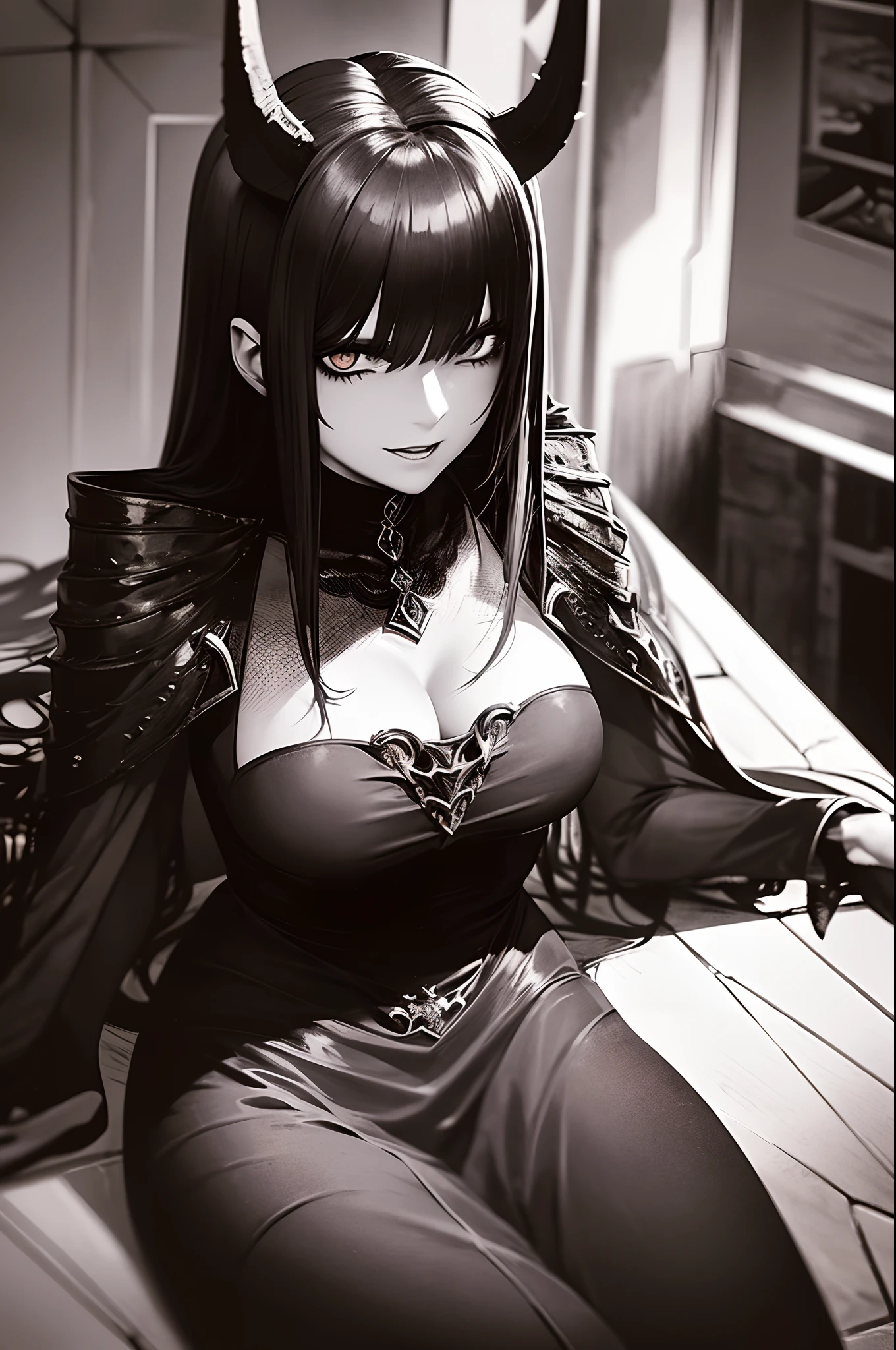 (Dark lighting, sharp shadows, photorealistic, high detail, hyperrealistic, sharp focus). Archdemon woman with detailed eyes, evil eyes and demonic horns. She is sitting in front of a pile of skulls in the eerie atmosphere of the blood-stained comcombs. She is wearing a classy outfit that accentuates her demonic features.