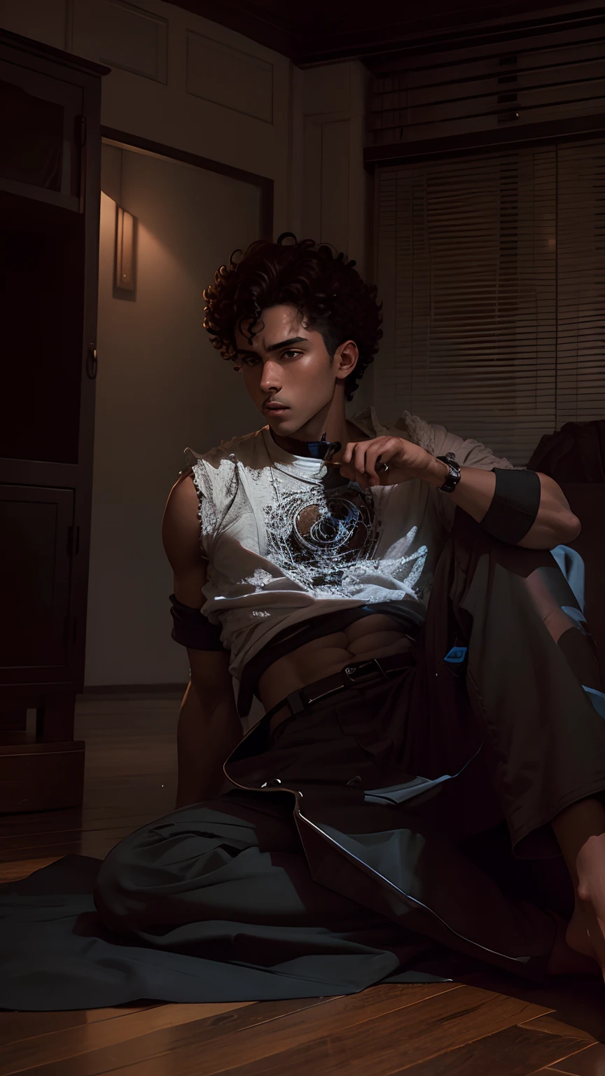 Man resembling BTS's Jeon Jungkook with tattoo, dark hair, muscular body and a gun in his hand