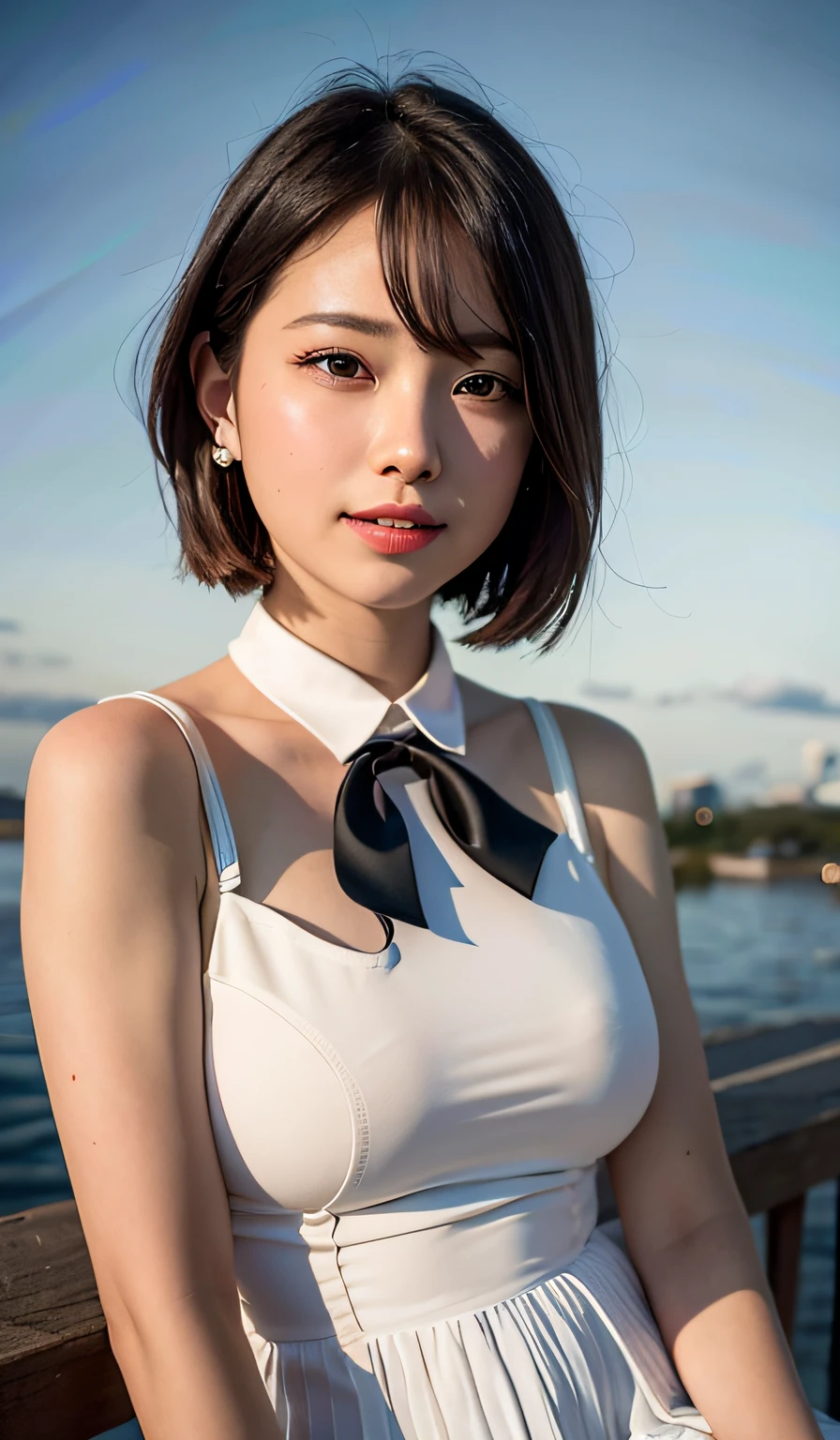 (8K, RAW photo, Best quality, Masterpiece:1.2), (Realistic, photo-realistic:1.37), Ultra-detailed,
1 girl,Cute, Solo,Beautiful detailed sky,Riman,Night,Sitting,dated,(nose blush),(Smile:1.1),(Closed mouth),Large breasts, Seductive smile， Professional lighting, Sony A7R4, Zessie 50mm F1.8,,Cross your arms behind your head:1.5,Moles under eyes:1.2
Medium breasts,Beautiful detailed eyes,(White sexy dress:1.1), neck bowtie,Pleated skirt,(Short hair:1.2),Floating hair