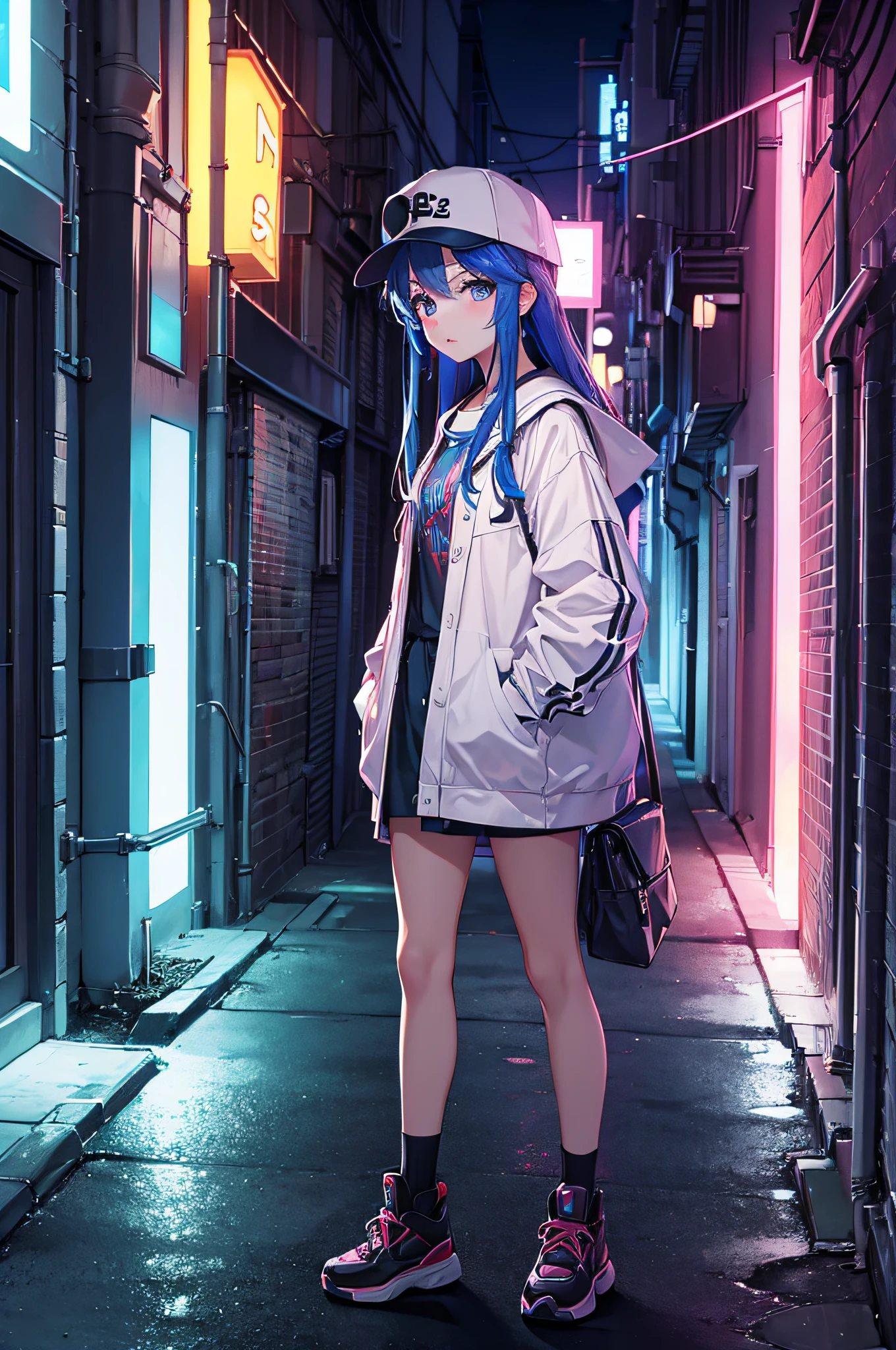 alleyway、Girl with a cap on her head、natta、neons、