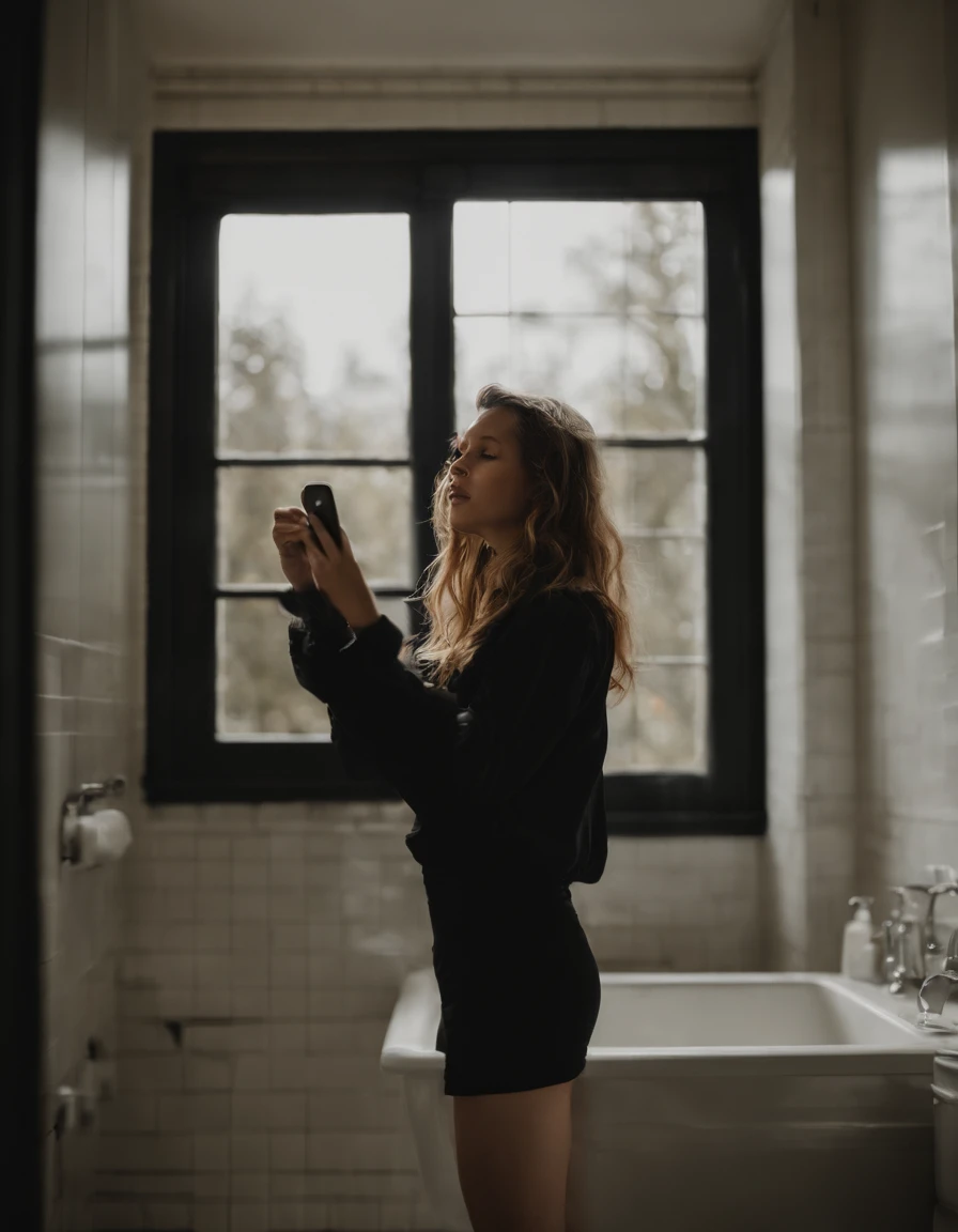a girl taking a selfie in the bathroom, dark, bad lighting, selfie, cute, blurry, low quality, himiko toga