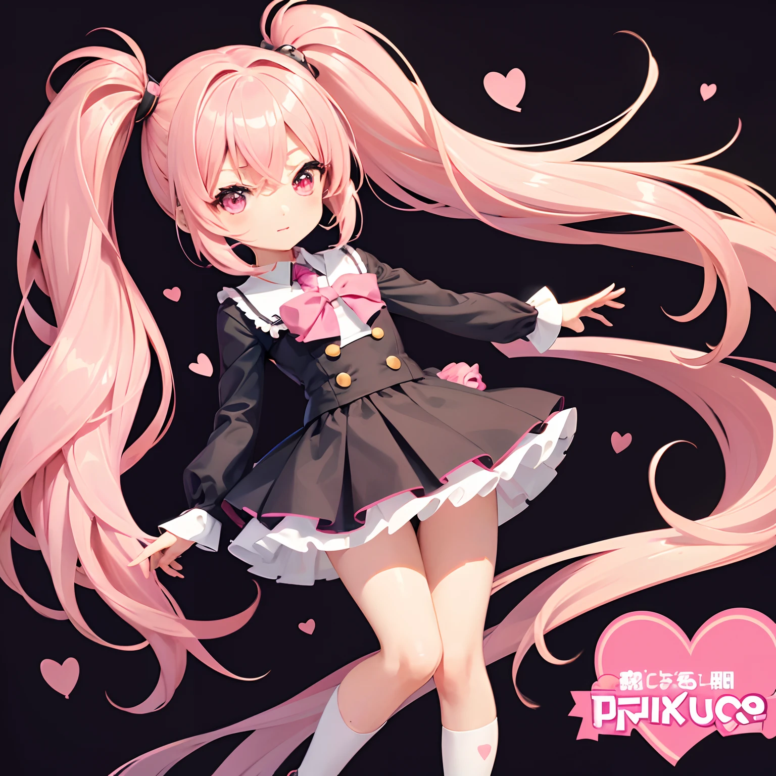Very cute and (Beautiful Chibi Anime Girl), Solo, Simple background, Beautiful twin tails*Pink* hair, Beautiful detailed *Pink* High School Uniform, Full body, Standing, high detailed face and *Pink* Eyes, Clearly outlined