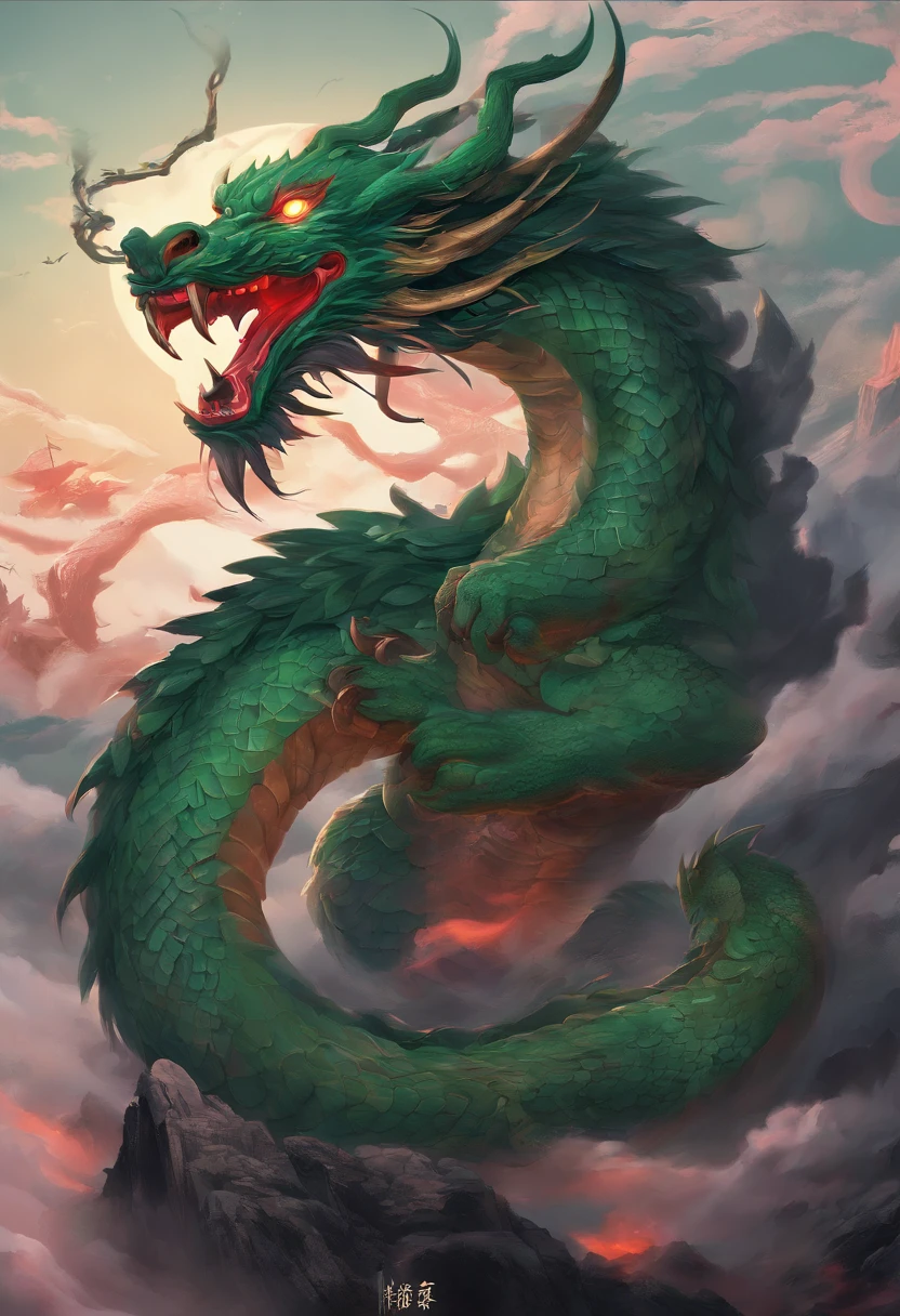 China-style，Chinese mythology，Chinese Green Dragon，tosen，Ferocious，gargantuan，The eyes glow red，Glow effects，surrounded by cloud，Thick clouds，中景 the scene is，Full body like， highly detailed surreal vfx，oc rendered，