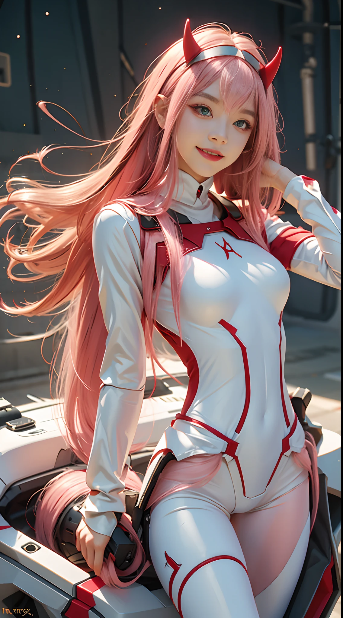 Zerotwo \(darling on franxx\), darling on franxx, 1girll, rim, self-shot, Smiling, Biting, black shadows, Green eyes, hair behind head, Horns, Long hair, Makeup, Small breasts, pilotsuit, White bodysuit, Pink hair, Red eyeshadow, Science fiction, taut skin, Solo