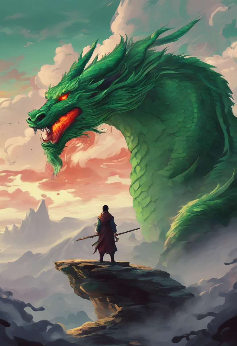 China-style,Chinese mythology,Chinese Green Dragon,tosen,Ferocious,gargantuan,The eyes glow red,Glow effects,surrounded by cloud,Thick clouds,中景 the scene is,Full body like, highly detailed surreal vfx,oc rendered,