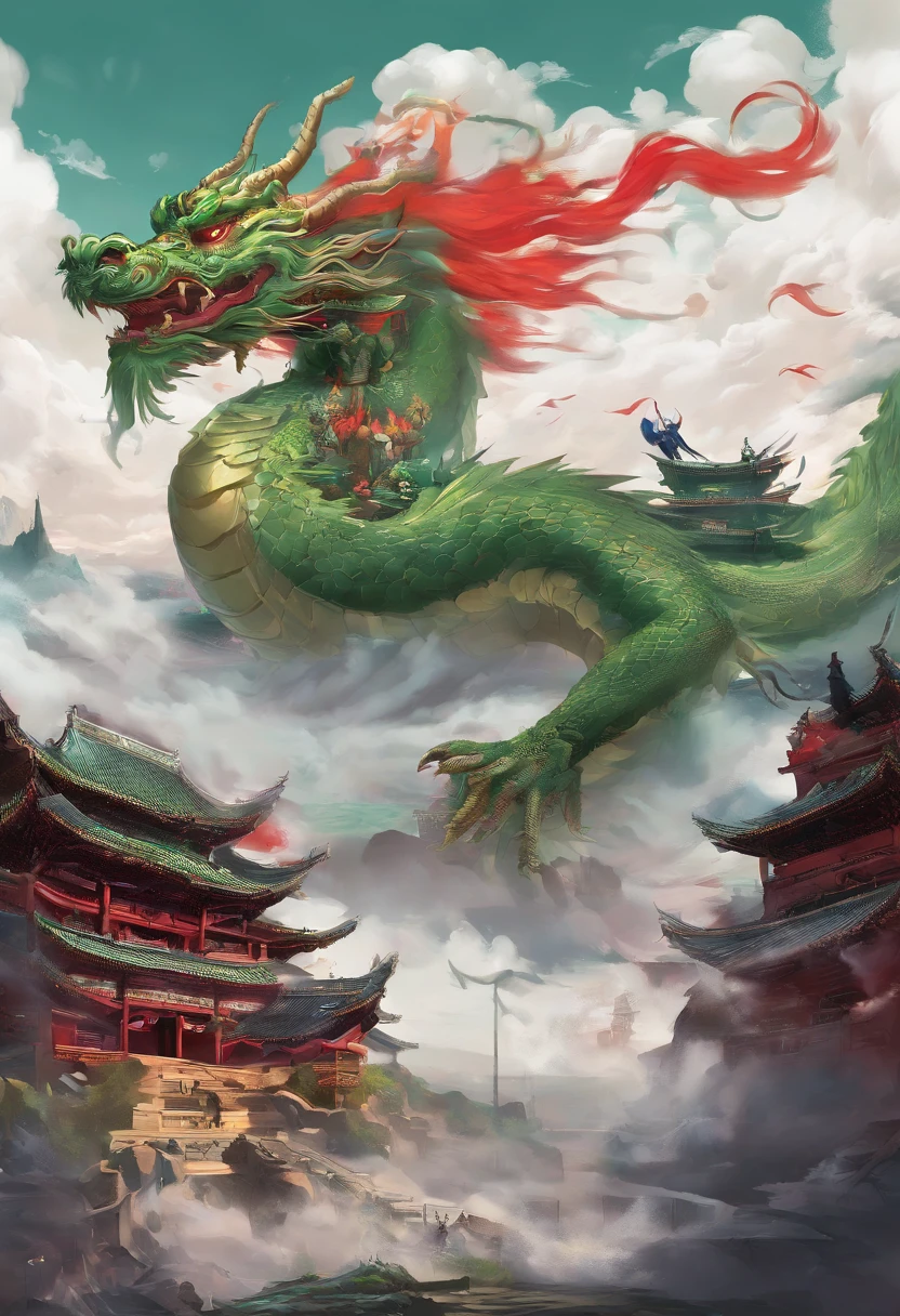 China-style,Chinese mythology,Chinese Green Dragon,tosen,Ferocious,gargantuan,The eyes glow red,Glow effects,surrounded by cloud,Thick clouds,中景 the scene is,Full body like, highly detailed surreal vfx,oc rendered,