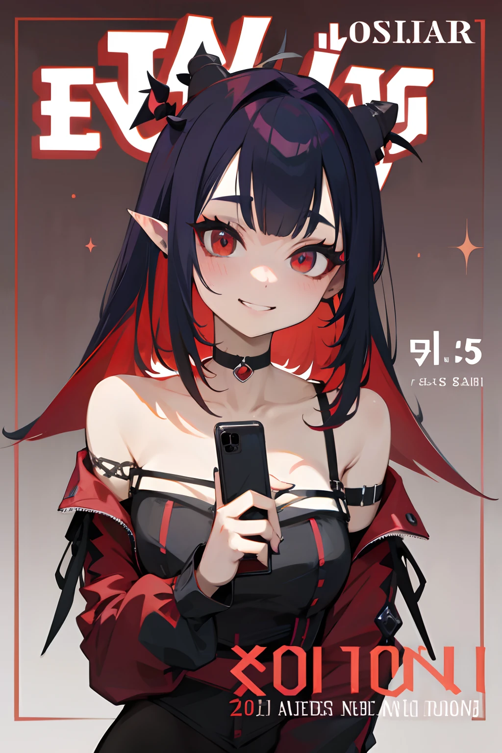 Anime girl in her 20's with pointy ears and horns taking a selfie for a magazine cover, blank jail mugshot background with room for the title of the magazine. Girl is wearing punk and goth clothing and has on a choker, her multicolored hair is medium length and has bangs, long eyelashes and red seductive eyes draw in the viewers attention, she's holding her phone to take the picture and the viewpoint is from the phone's camera. She's grinning at the viewer,