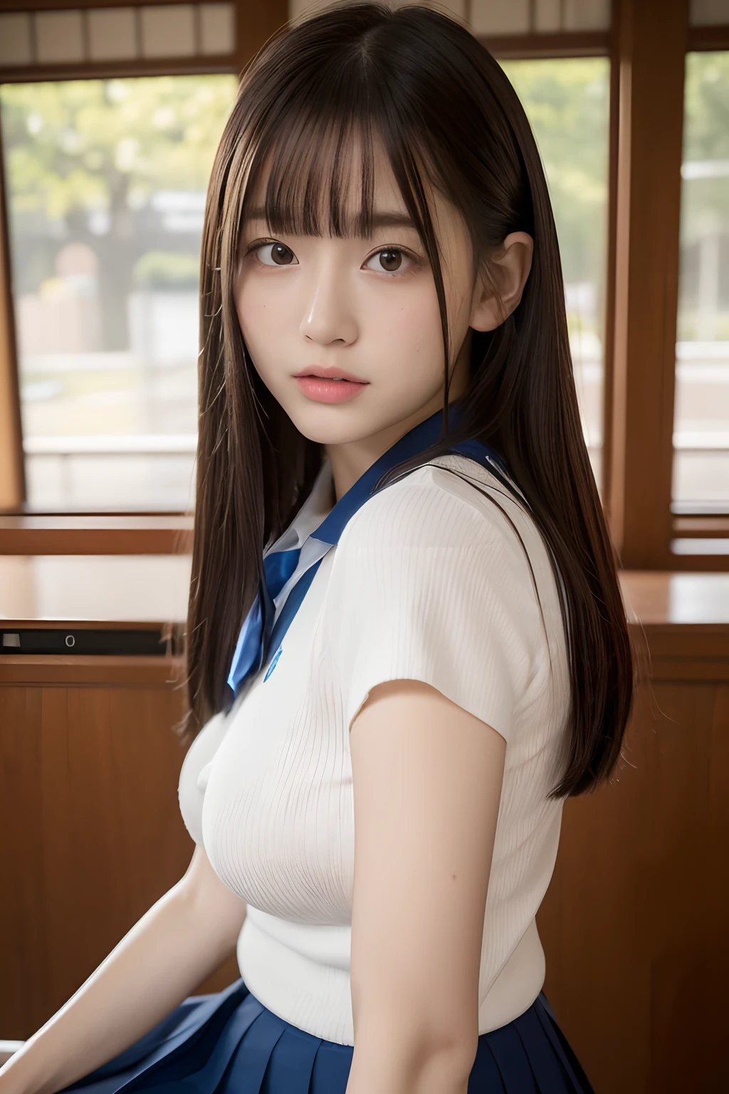 (8k, 4k, best quality, highres:1.2), (maasterpiece, realistic, photo realistic:1.37), japanes、hi-school girl、huge tit、School route