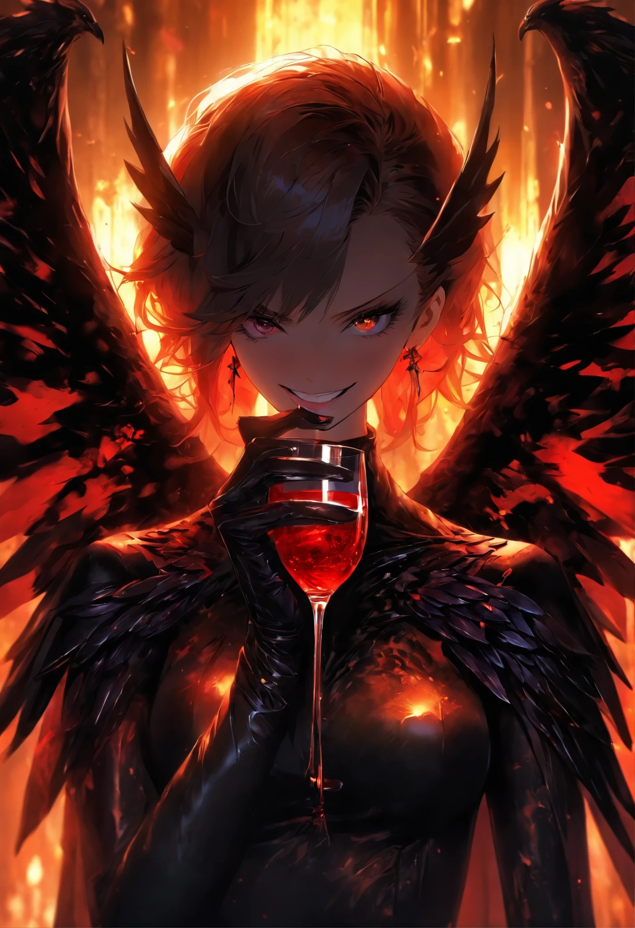 handsome girl, Black leather suit, membranous wings , Girl drinks a glass of black blood, Evil smile, Dark Metal Throne, Throne Room.