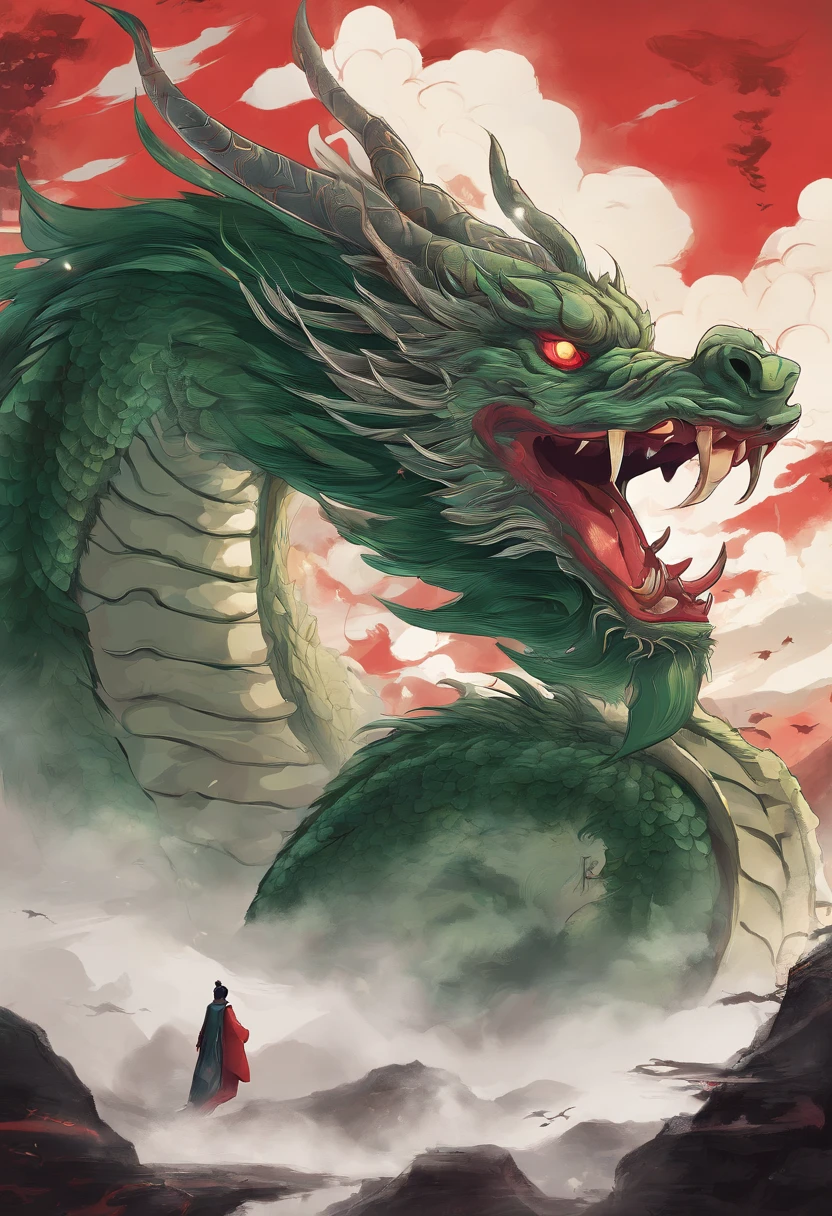 China-style，Chinese mythology，Chinese Green Dragon，tosen，Ferocious，gargantuan，The eyes glow red，Glow effects，surrounded by cloud，Thick clouds，buliding，中景 the scene is，Full body like， highly detailed surreal vfx，oc rendered，