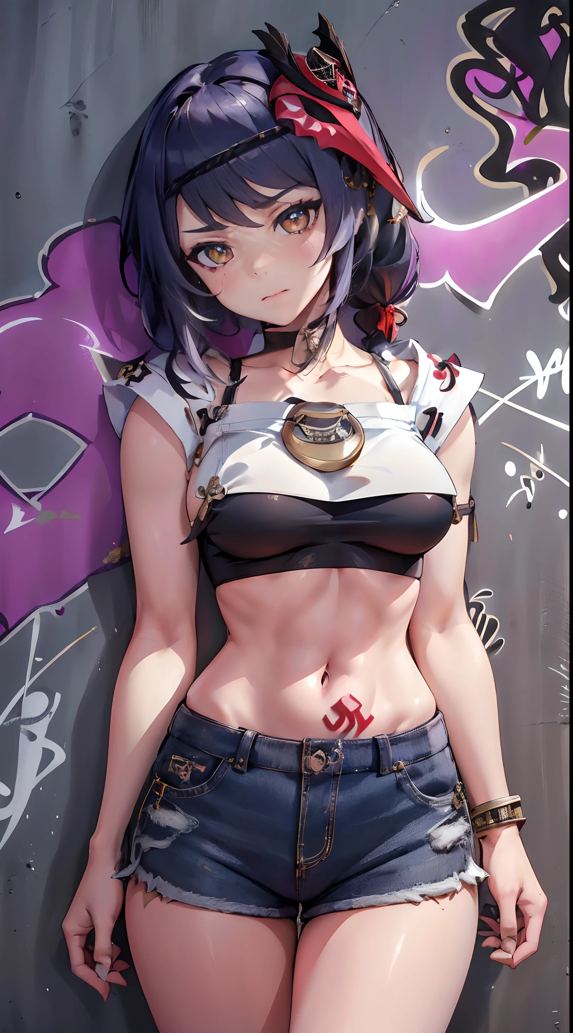 Kujou Sara Genshin Effect, masterpiece, bestquality, 1girls, mediuml breasts, long-haired ,Ponytail, bara, crop top, shorts jeans, choker, (Graffiti:1.5), Splash with purple lightning pattern., arm behind back, against wall, Look at the audience from behind., bracelet, Thigh strap, Head tilt, bored, Ponytail, water eyes,