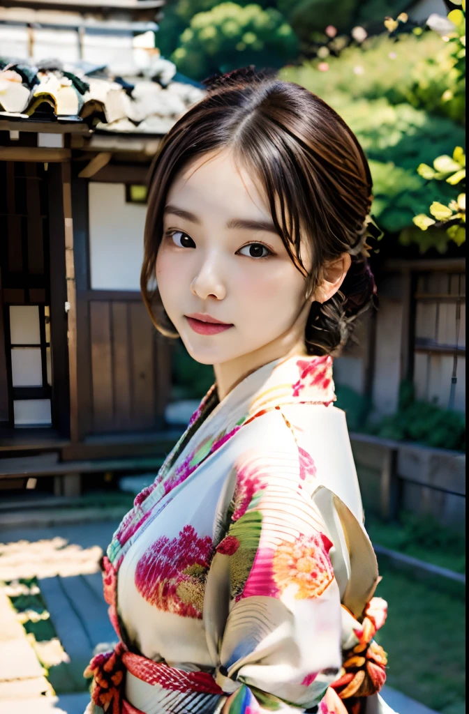 Kimono、Maiko、Kawaii Girl、graceful girl、Smirking expression、(((Loose knot:1.5、How to tie a cute obi)))、Brightly colored kimono、Kimono with cherry blossom pattern、独奏、plein air、Temples、top-quality、masutepiece、8k