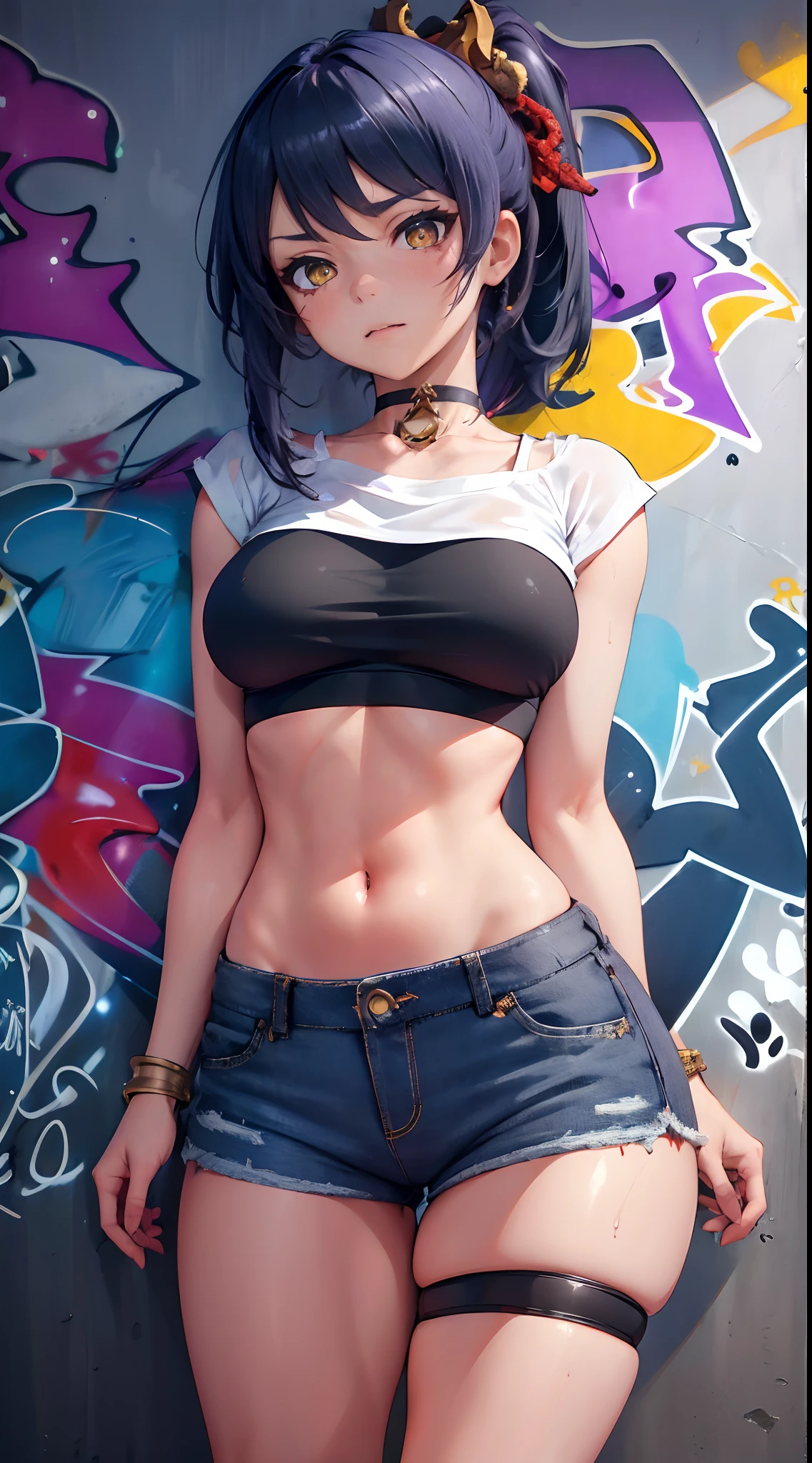 Kujou Sara Genshin Effect, masterpiece, bestquality, 1girls, mediuml breasts, long-haired ,Ponytail, bara, crop top, shorts jeans, choker, (Graffiti:1.5), Splash with purple lightning pattern., arm behind back, against wall, Look at the audience from behind., bracelet, Thigh strap, Head tilt, bored, Ponytail, water eyes,