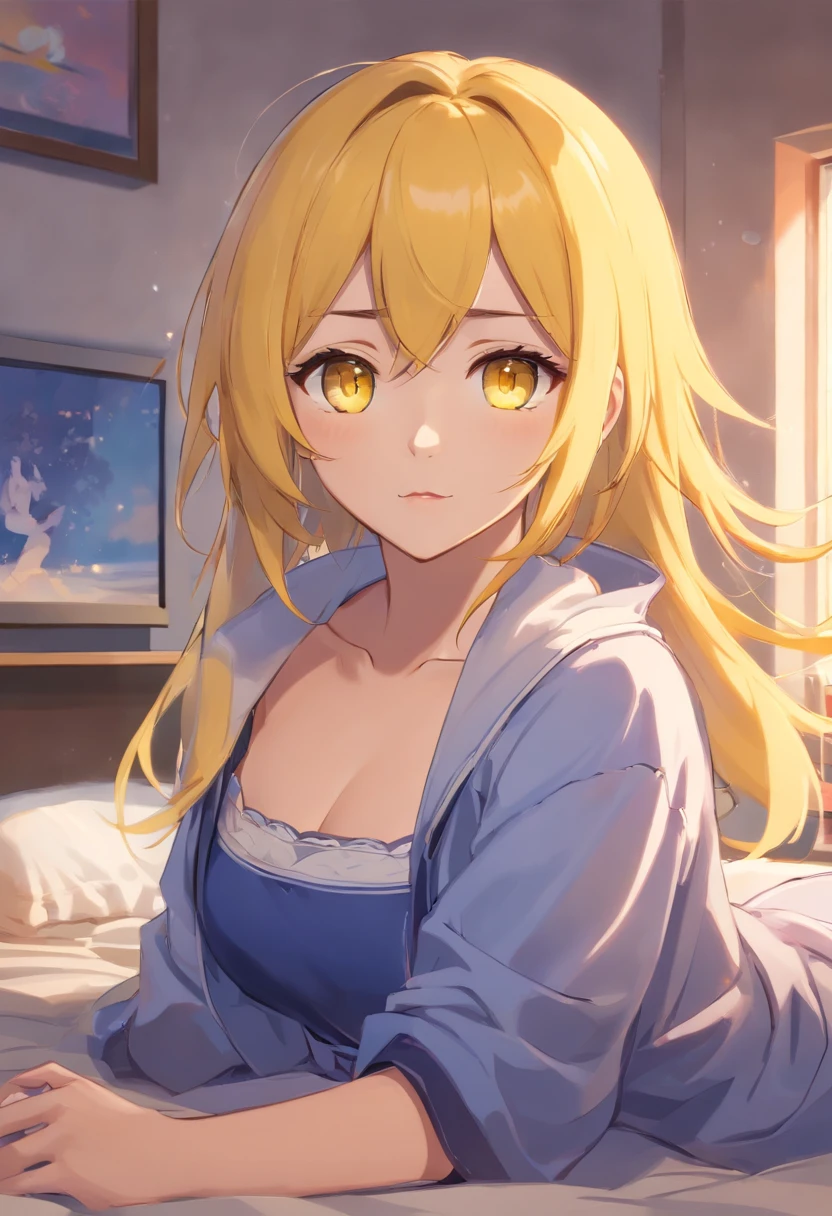 genshin impact, layla, yellow eyes, blue hair, wallpaper, hd, commissioned_art, creative, artstation, hd, 1girl, shy, sweet_girl, bedroom, sensual_ambience, shy_ girl, masterpiece, best_quality, illustration, digital_drawing, anime_style, shyness