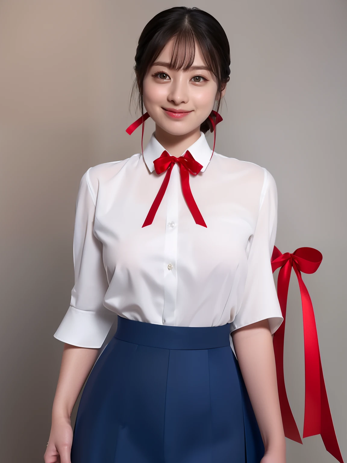 wearing white shirt、business attire、charming smile,colorful bow tie。