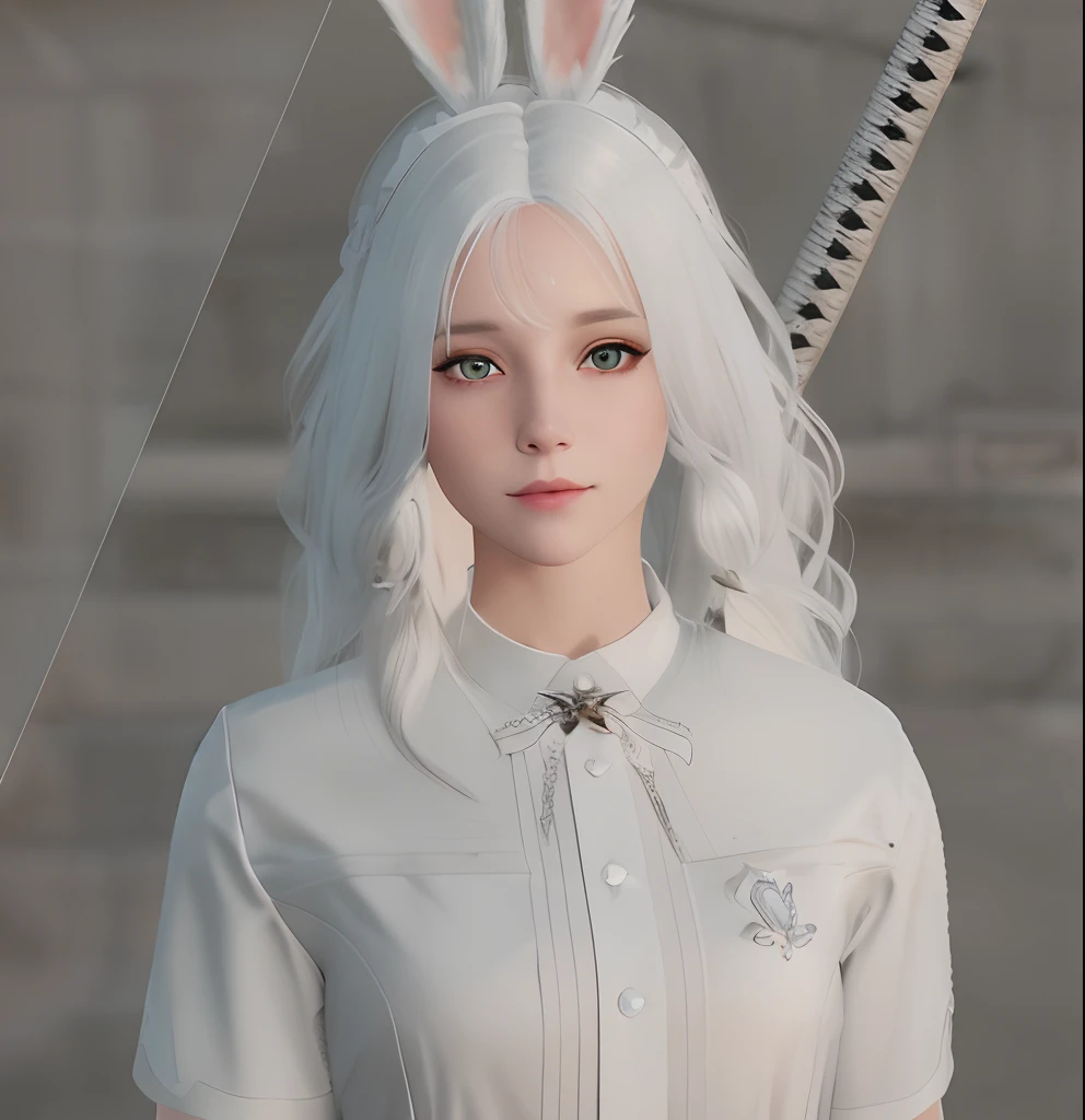 there is a woman with a bunny ears and a white shirt, ultrarealistic sweet bunny girl, white cat girl, white ( cat ) girl, perfect white haired girl, render of april, detailed white long hair, girl with white hair, one girl has white hair, female character, white haired, close up character, with white long hair, with long white hair