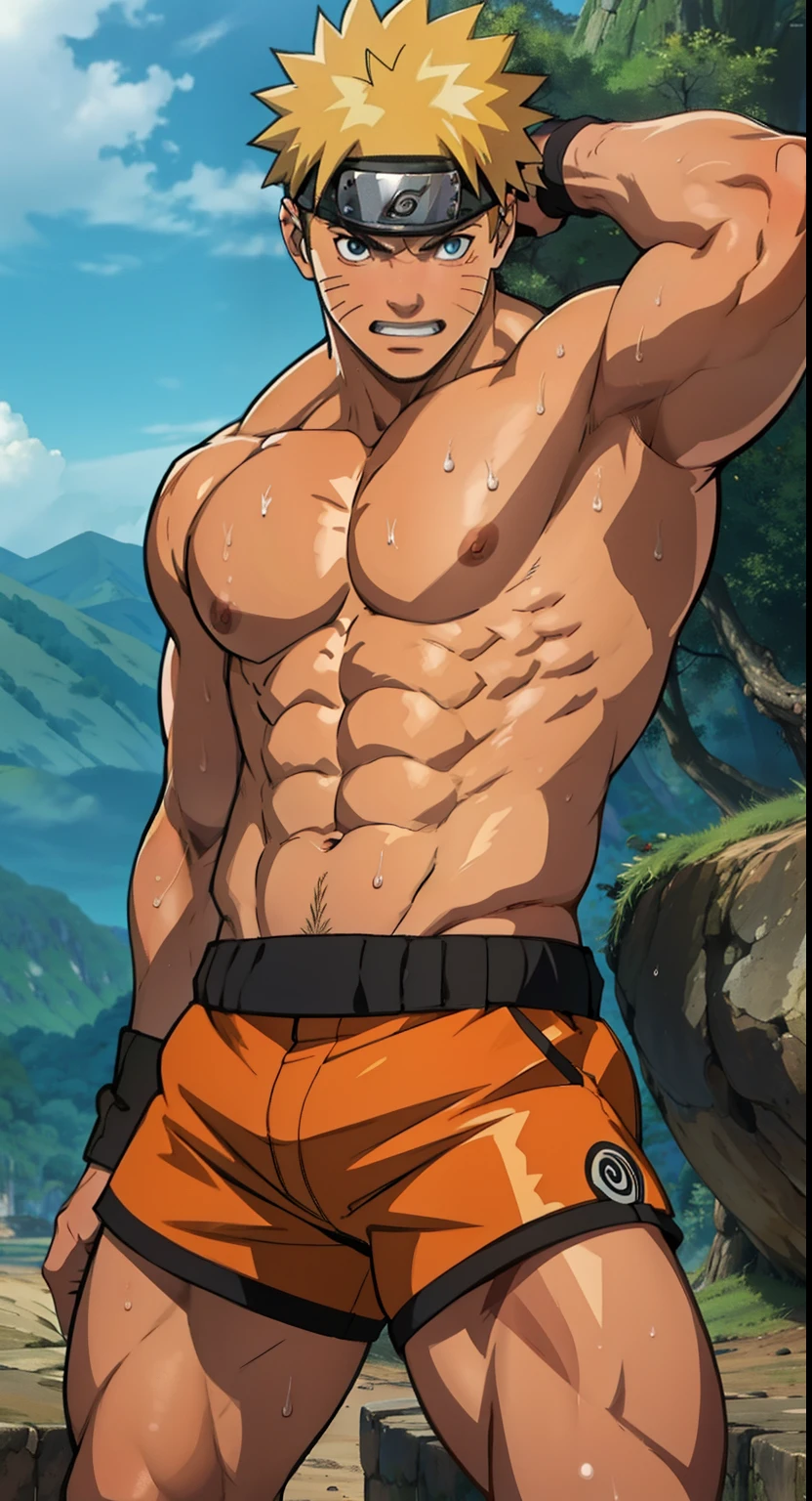 [highest quality photo][ 4k,HD photo quality] huge muscular thigh muscles,he wore tight short shorts that revealed his strong thigh muscles Uzumaki Naruto, lots of sweat flowing down, topless, shirtless, sunny, shiny skin,rosy skin, bodybuilder,  8-pack abs, giant, muscular chest muscles, giant muscular, sinewy biceps, cute  (close-up) two arms behind the back,