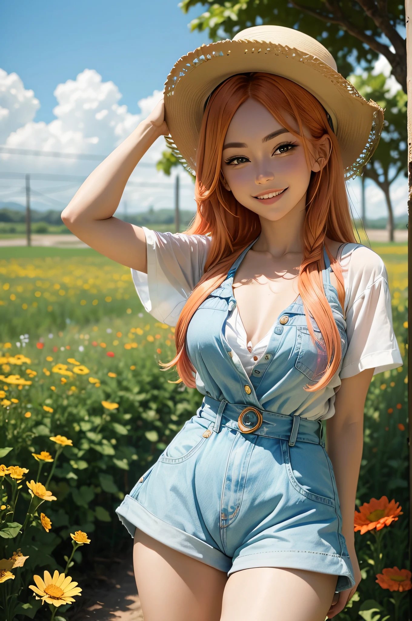 ((Extremely detailed)),, (8K), Best Quality, (Beautiful),((masutepiece)), ((Best Quality)), Beautiful girls,Realistic portraits,a straw fedora hat, (Ultra-detailed), ((kawaii)), Cute, (lovely),plein air、blured background:1.5、((South Island、Palm trees、Blue Sea、blue open sky、cumulonimbus clouds))