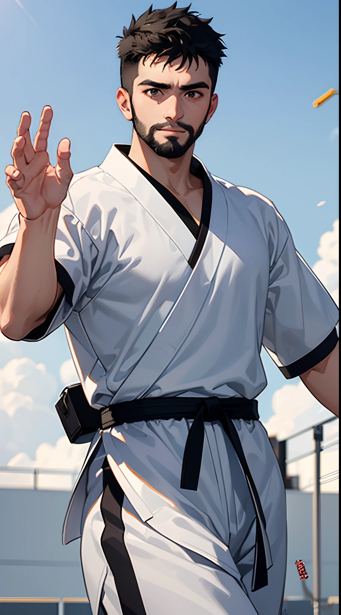 1 boy 25 years old, crew cut, black eyes, short black beard, wearing white Taekwondo shirt, wearing white Taekwondo pants, wearing a black belt, strong body, muscle, waving hand, smiled slightly, sunny weather, noon, resting place next to the jogging field, extremely detailed, best graphics, 8k, ultrasharp, masterpiece