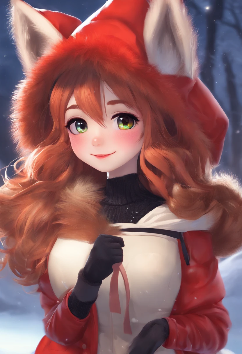 Auntie Vixen, 1girl, animal ears, Color: Red, Orange, female focus, 1 fox tail, Red tail of the best quality, exteriors, hood, a tree, Detailed background, orange jacket, fur-trim, Furry, fur-trimmed sleeves, Orange fur coat with fur trim, Fox ears of the best quality, a 1girl, 独奏, Focus Photo, Smile, blusher, looking a viewer, the night, Deep Night, winter, It's snowing, detailed black eyes, Detailed beautiful black eyes, detailized face, Heightened sexuality, big breastes, skinny waist, A full body girl, Girl in a skirt, Girl in black stockings, beste-Qualit,in detail,high-resolution illustration, Cute, canny smile, blusher, voluminous breasts, Vulgar girl, fluffy fur, Ultra Detailed, 8K, by chochi, auntie vixen, red fur, red hair, hair bun, glasses, black ear tips, single tail, properly positioned tail, black furred hands and legs,