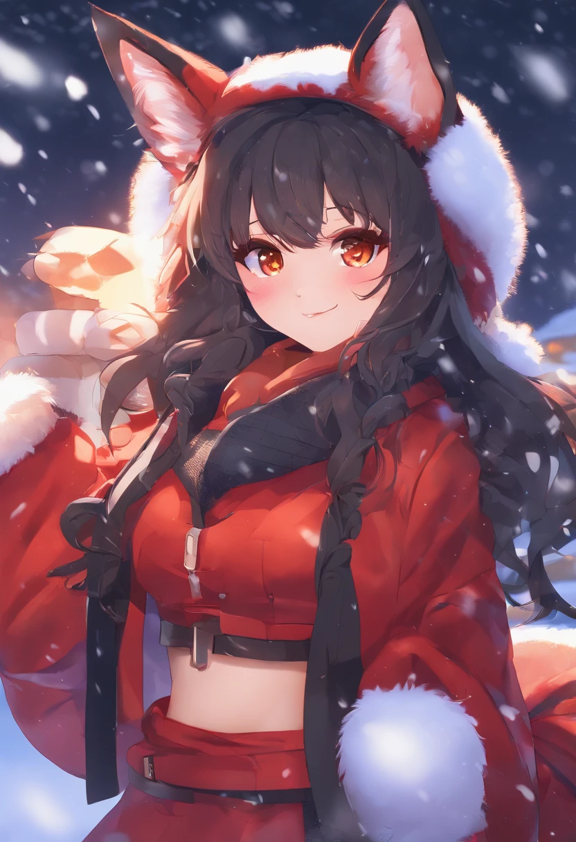 Auntie Vixen, 1girl, animal ears, Color: Red, Orange, female focus, 1 fox tail, Red tail of the best quality, exteriors, hood, a tree, Detailed background, orange jacket, fur-trim, Furry, fur-trimmed sleeves, Orange fur coat with fur trim, Fox ears of the best quality, a 1girl, 独奏, Focus Photo, Smile, blusher, looking a viewer, the night, Deep Night, winter, It's snowing, detailed black eyes, Detailed beautiful black eyes, detailized face, Heightened sexuality, big breastes, skinny waist, A full body girl, Girl in a skirt, Girl in black stockings, beste-Qualit,in detail,high-resolution illustration, Cute, canny smile, blusher, voluminous breasts, Vulgar girl, fluffy fur, Ultra Detailed, 8K,  by chochi, auntie vixen, red fur, red hair, hair bun, glasses, black ear tips, single tail, properly positioned tail, black furred hands and legs,