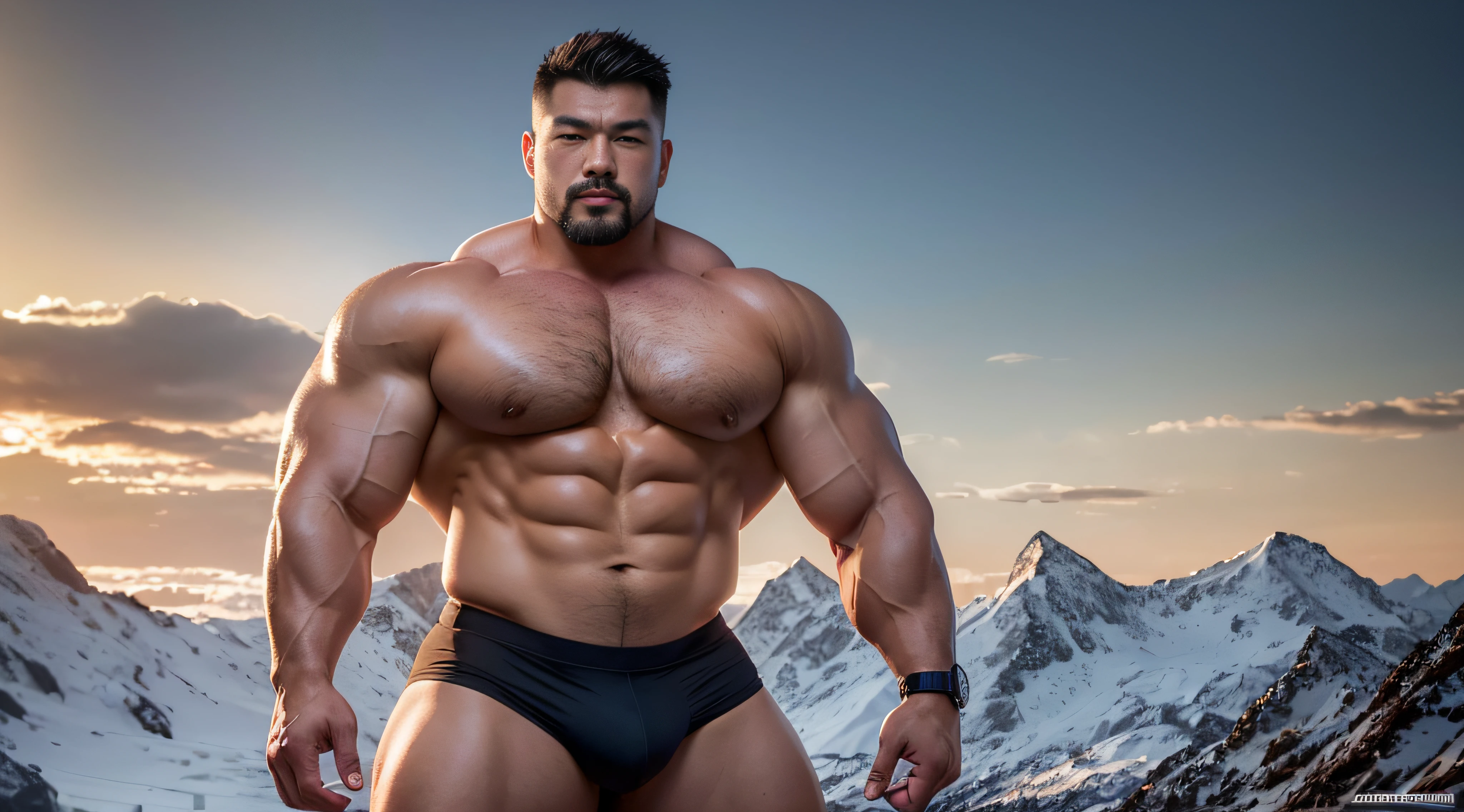 A Chinese bodybuilder, on,the super hot and sexy,Blonde hair, short detailed hair, on a snowy mountain,Sunset lights, Short beard perfect figure with tattoos, Very huge and strong body, Bulging muscles, musculous, Very large pectoral muscles,Very sexy abs,The legs are muscular,Tall and mighty,Exposed Body,Tall and burly,toned figure,Huge raised genital area,Brightens oily skin,Muscular。