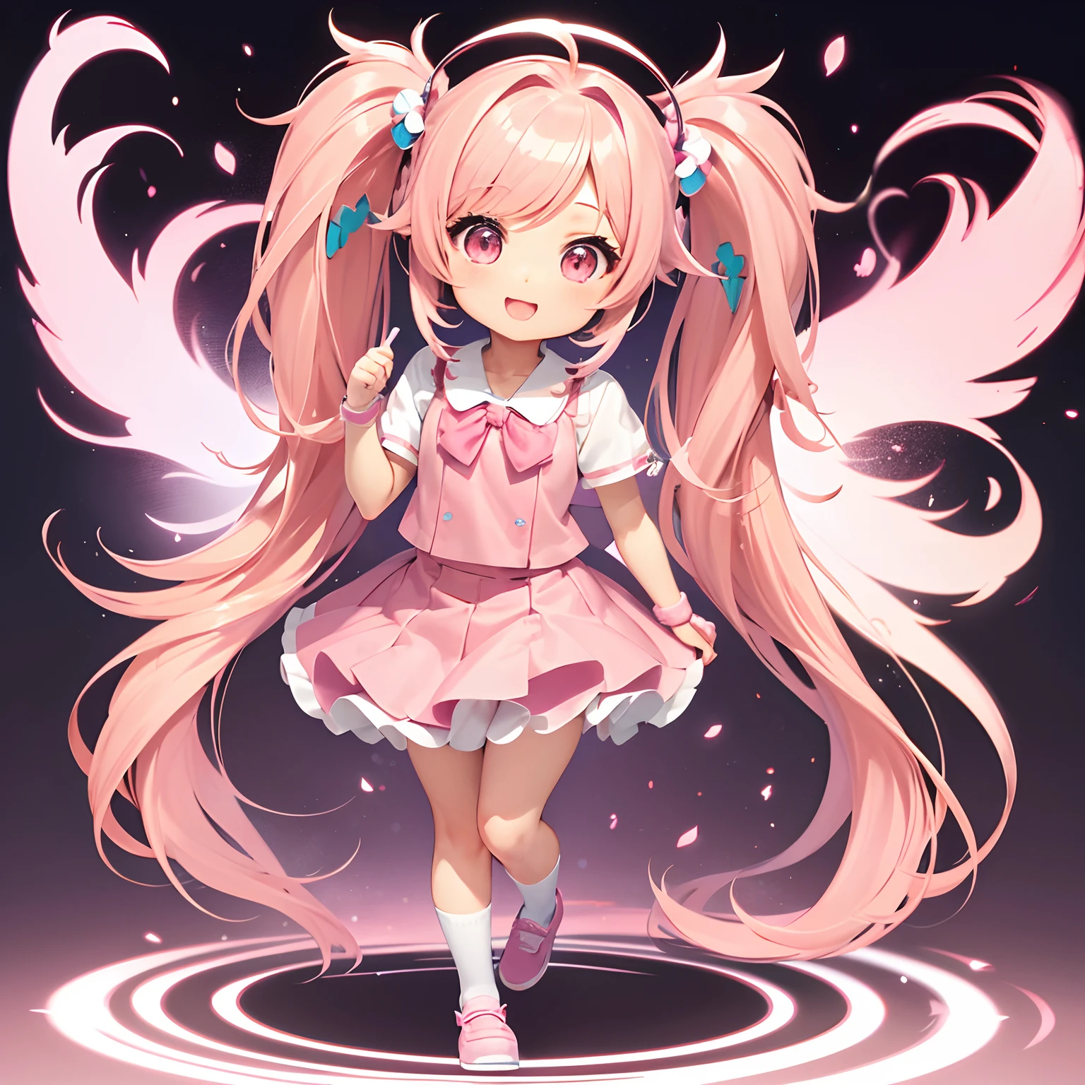 Very cute and (Beautiful Chibi Anime Girl), Solo, Simple background, Beautiful twin tails*Pink* hair, Beautiful detailed *Pink* High School Uniform, Full body, Standing, high detailed face and *Pink* Eyes, Clearly outlined
