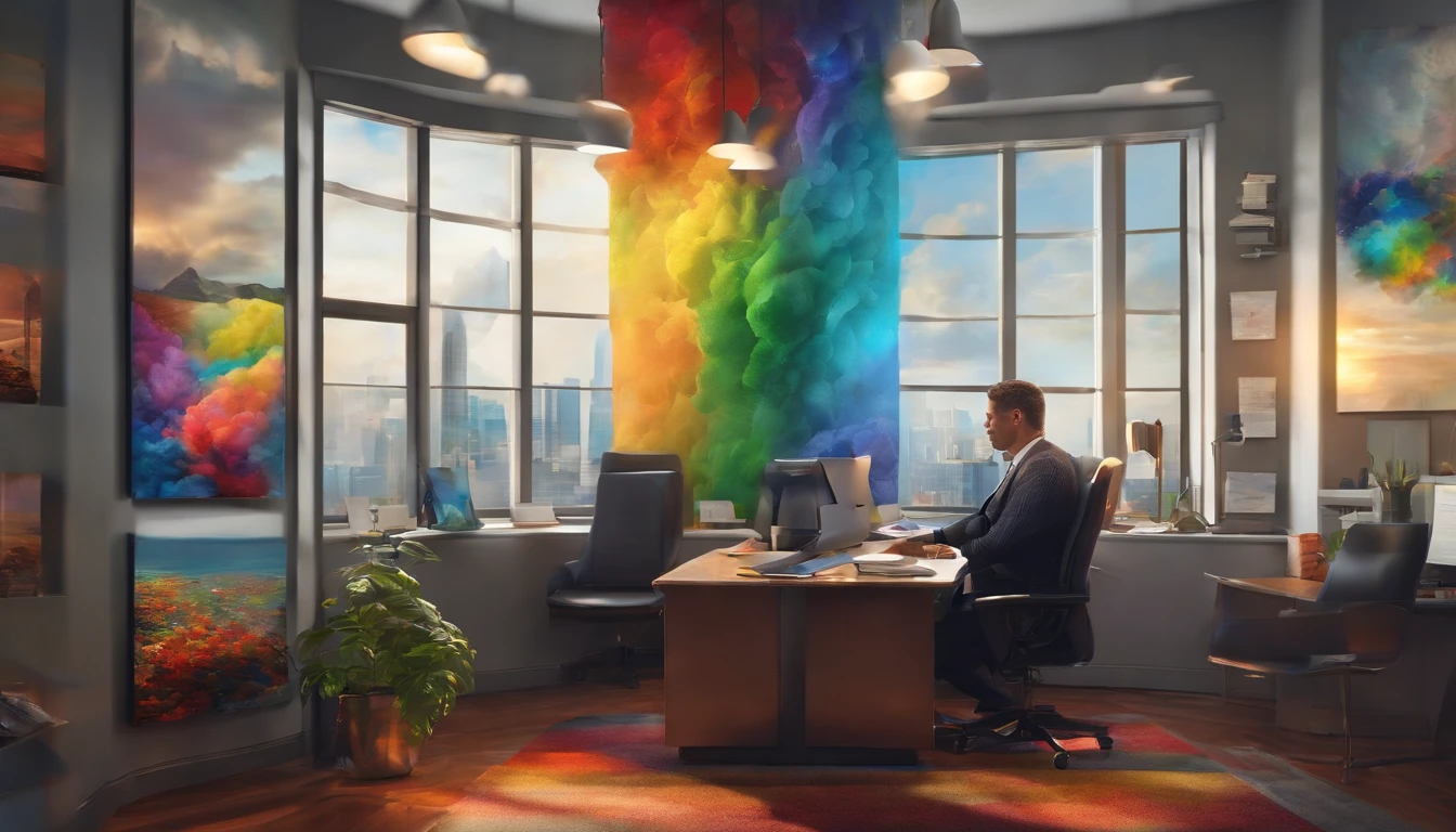 epic realistic, high-quality art of An illustration of a person in the office reflecting with colorful thoughts representing different emotions emerging from his mind.