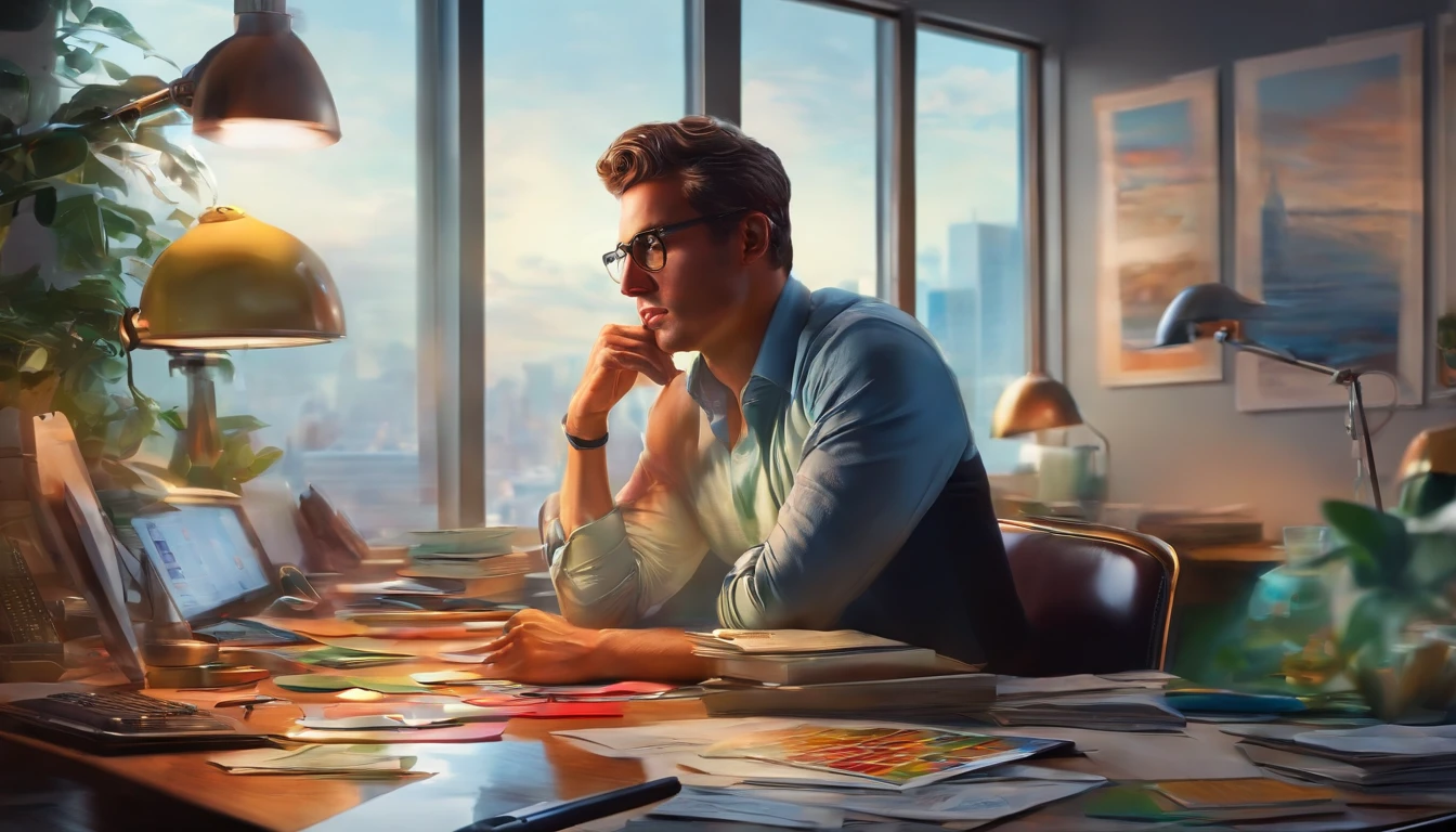 epic realistic, high-quality art of An illustration of a person in the office reflecting with colorful thoughts representing different emotions emerging from his mind.