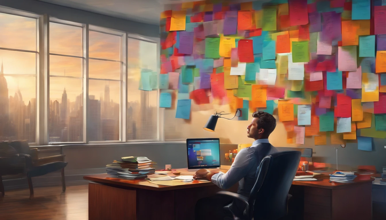 epic realistic, high-quality art of An illustration of a person in the office reflecting with colorful thoughts representing different emotions emerging from his mind.