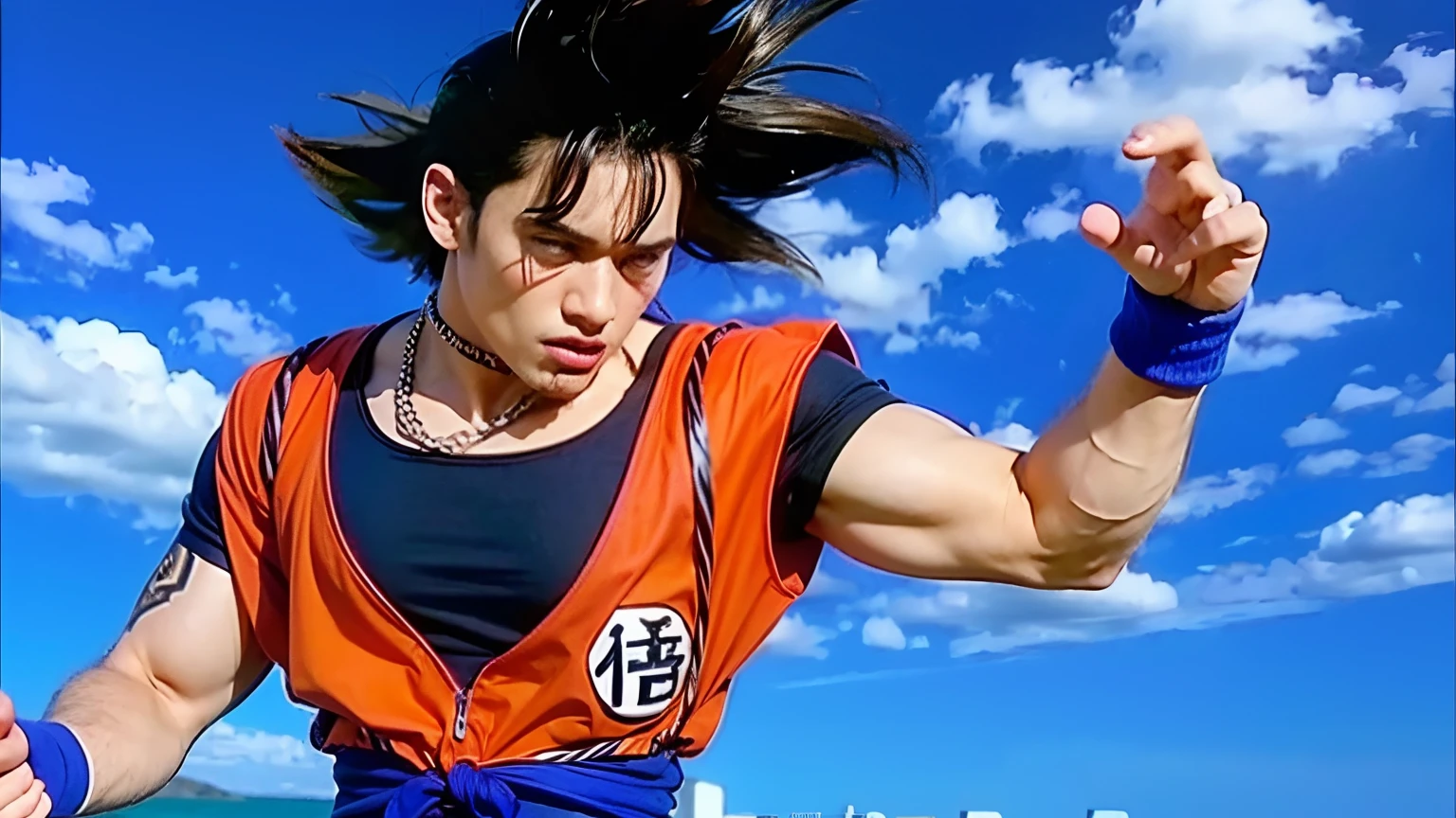 Boy in black hair, orange shirt with blue stripe, muscular. Blue eye.