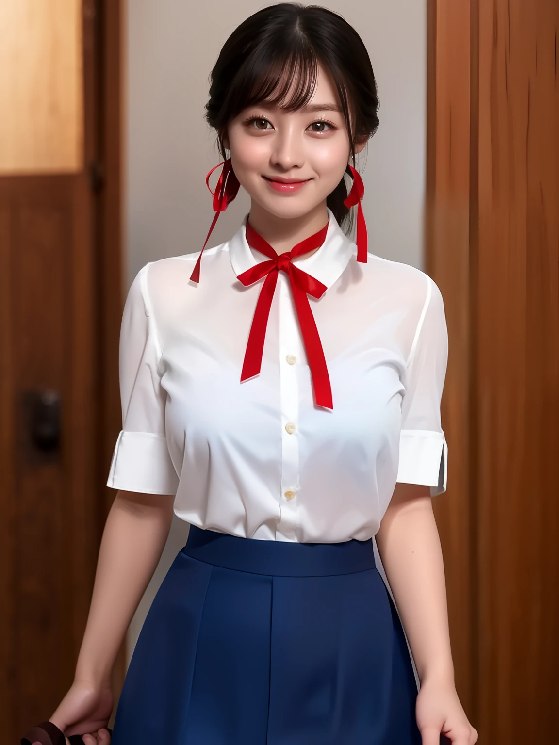 model poses:2、((White short-sleeved shirt:2.5、Red ribbon:2、Dark blue skirt:2、Colossal tits:2.5、))、unparalleled masterpiece ever:2, Ultra-realistic 8K , Perfect Artwork, ((The image of the perfect woman)), female high-school student:2, japanes、Slender waist, Seductive:2、clean, Beautiful face, {extremely delicate and beautiful girl} , 8K Wallpaper, 1girl in, poneyTail:2, big eye, Thick lip、Navel、Just look at the audience, ((front facing:2))、Simple background, Solo, full body Esbian, (Shiny skin),top-quality、​masterpiece、Top resolution:2、Ray tracing、