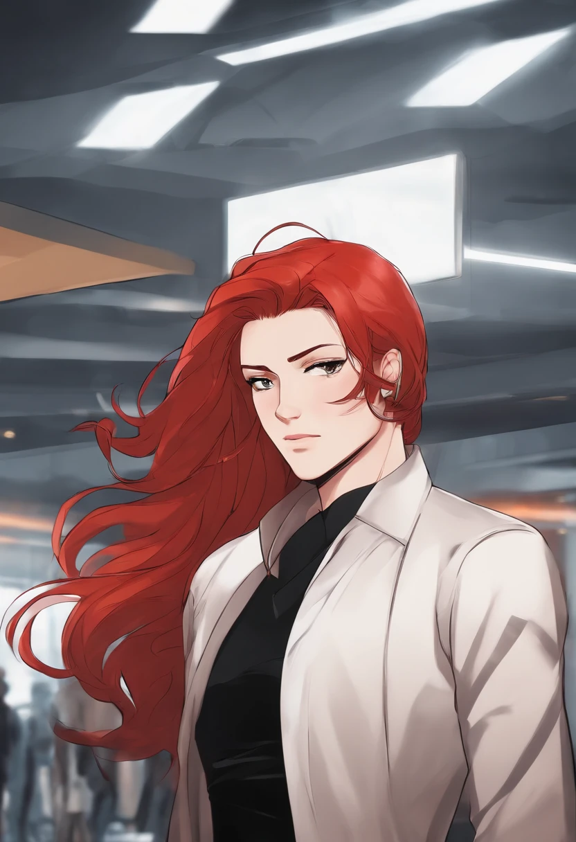 A red-haired man was smashed on a high-tech floor,about twenty years old,He was wearing a red coat,With black gloves,In a white blouse shirt,Black Jeans,Keep your eyes closed,Future Style,anime big breast
