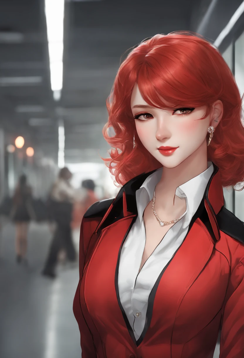 A red-haired man was smashed on a high-tech floor,about twenty years old,He was wearing a red coat,With black gloves,In a white blouse shirt,Black Jeans,Keep your eyes closed,Future Style,anime big breast((Masterpiece)), ((Best quality)), ((A high resolution)), ((finedetail))