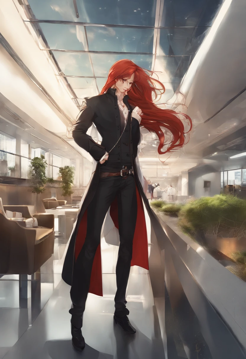 A red-haired man was smashed on a high-tech floor，about twenty years old，He was wearing a red coat，With black gloves，In a white blouse shirt，Black Jeans，Keep your eyes closed，Future Style，anime big breast((Masterpiece)), ((Best quality)), ((A high resolution)), ((finedetail))